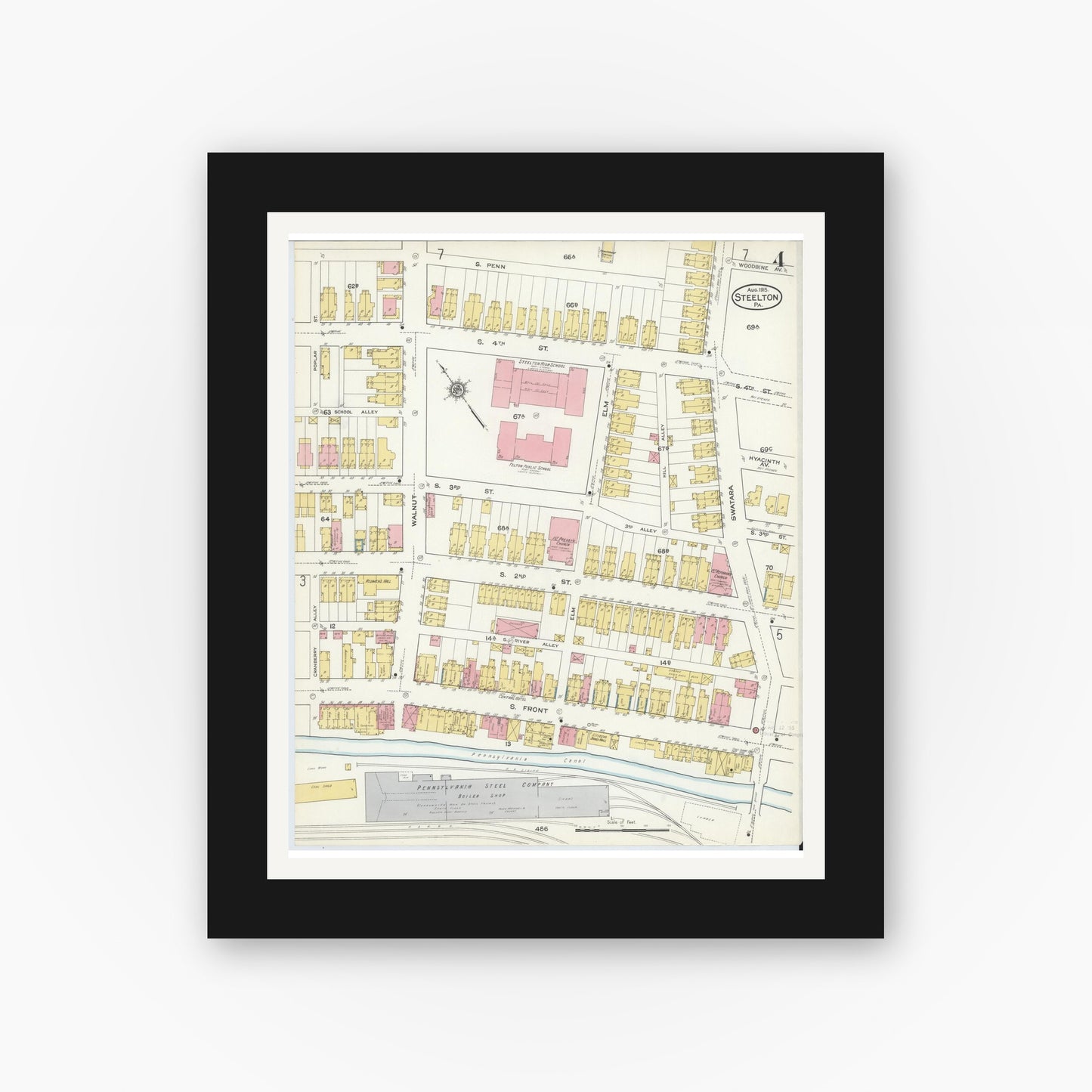 Old map wall art mockup — black gallery frame with white mat — Sanborn Fire Insurance Map from Steelton, Dauphin County, Pennsylvania (1915), Sheet #0004