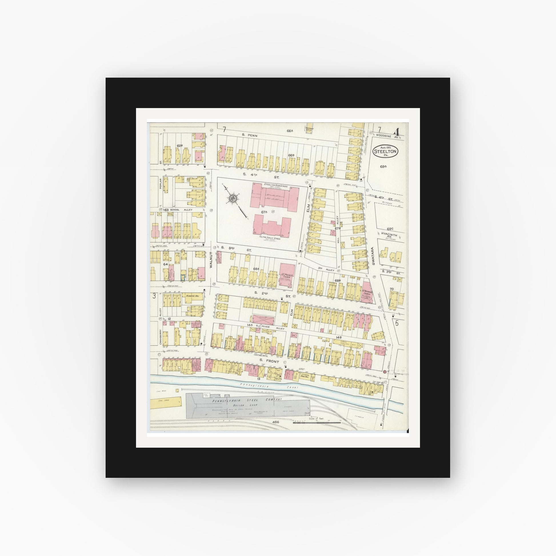 Old map wall art mockup — black gallery frame with white mat — Sanborn Fire Insurance Map from Steelton, Dauphin County, Pennsylvania (1915), Sheet #0004