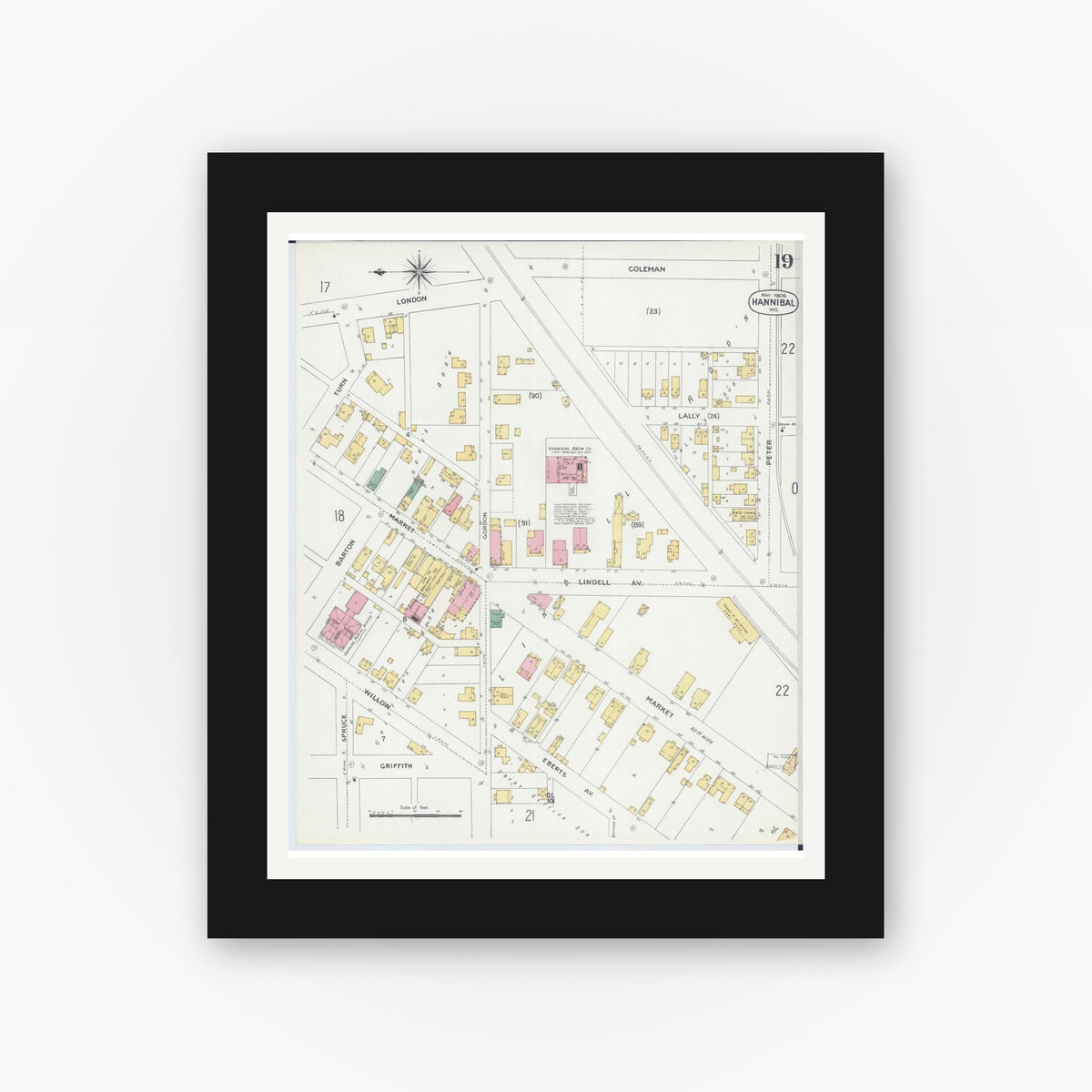 Old map wall art mockup — black gallery frame with white mat — Sanborn Fire Insurance Map from Hannibal, Marion County, Missouri (1906), Sheet #0019