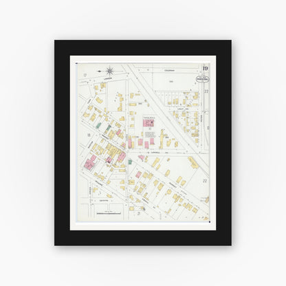 Old map wall art mockup — black gallery frame with white mat — Sanborn Fire Insurance Map from Hannibal, Marion County, Missouri (1906), Sheet #0019