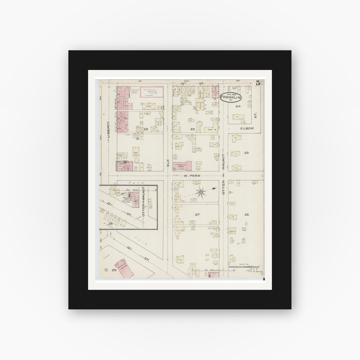 Old map wall art mockup — black gallery frame with white mat — Sanborn Fire Insurance Map from Franklin, Venango County, Pennsylvania (1888), Sheet #0005
