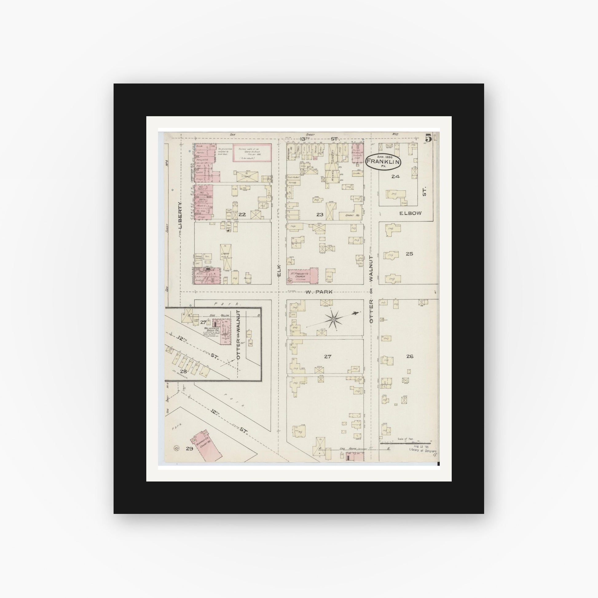 Old map wall art mockup — black gallery frame with white mat — Sanborn Fire Insurance Map from Franklin, Venango County, Pennsylvania (1888), Sheet #0005