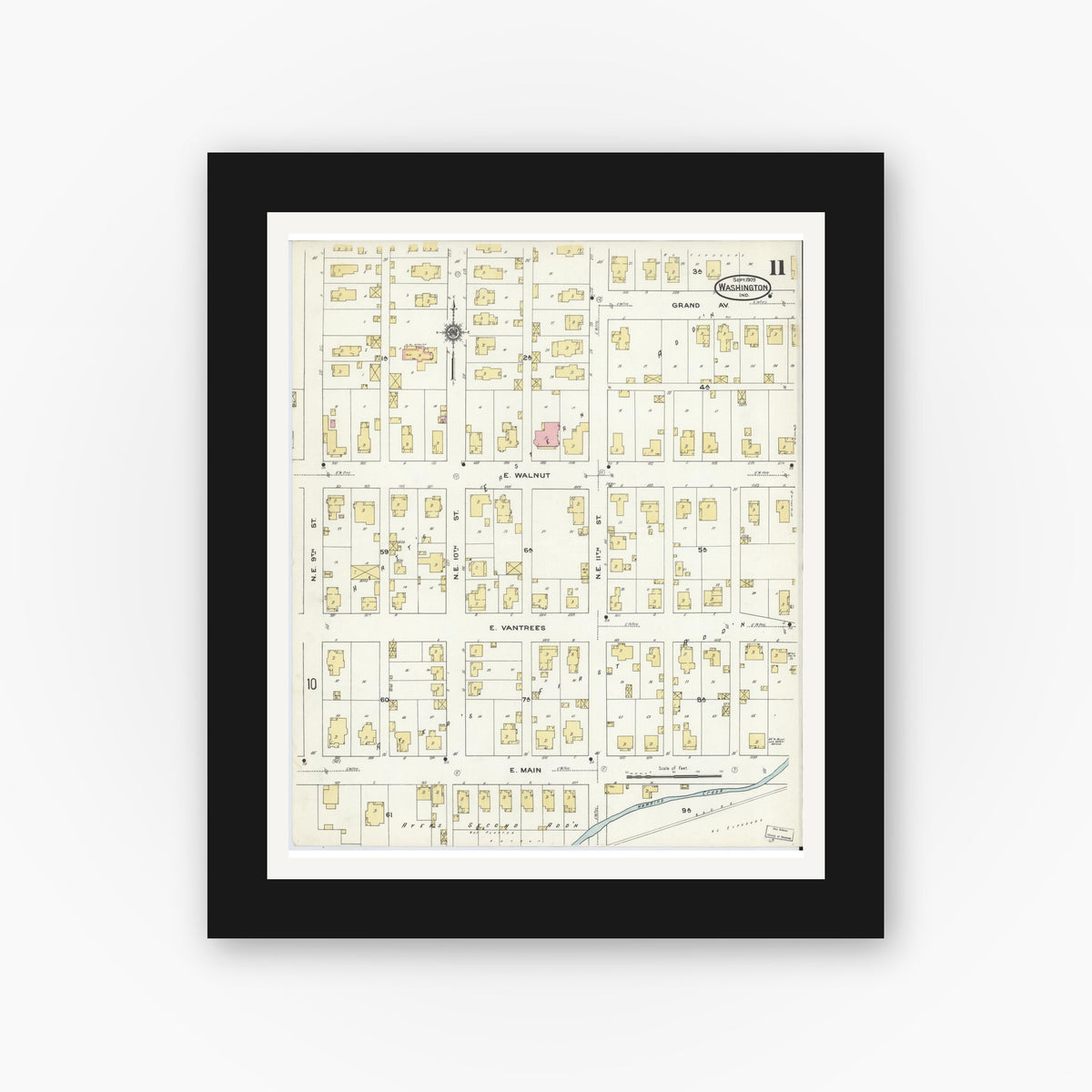 Old map wall art mockup — black gallery frame with white mat — Sanborn Fire Insurance Map from Washington, Daviess County, Indiana (1909), Sheet #0011