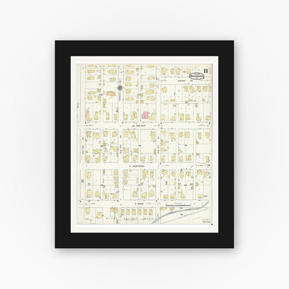 Old map wall art mockup — black gallery frame with white mat — Sanborn Fire Insurance Map from Washington, Daviess County, Indiana (1909), Sheet #0011