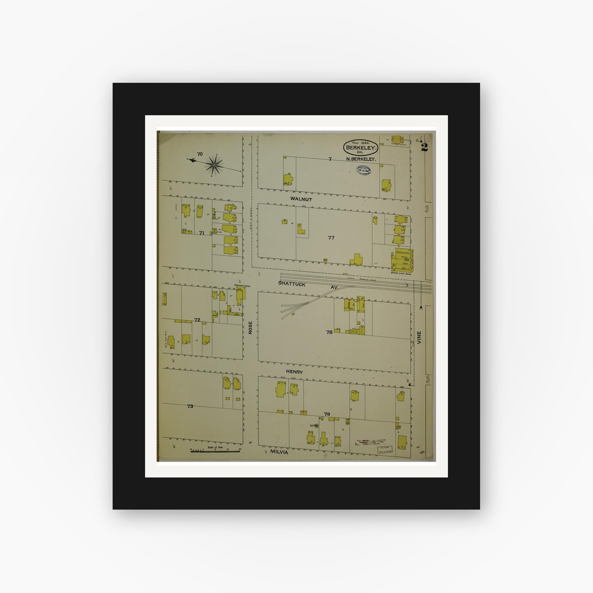 Old map wall art mockup — black gallery frame with white mat — Sanborn Fire Insurance Map from Berkeley, Alameda County, California (1894), Sheet #0002