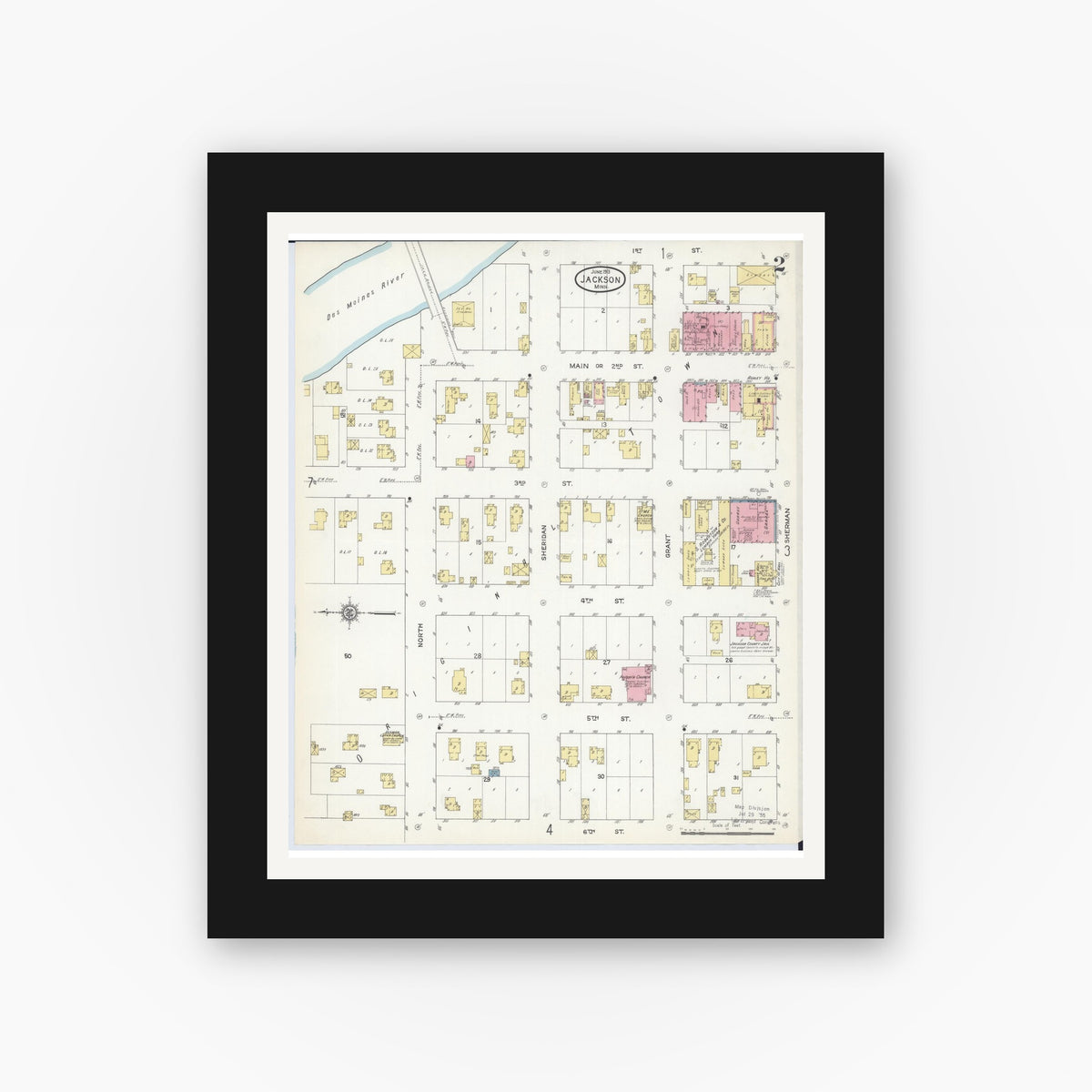 Old map wall art mockup — black gallery frame with white mat — Sanborn Fire Insurance Map from Jackson, Jackson County, Minnesota (1913), Sheet #0002