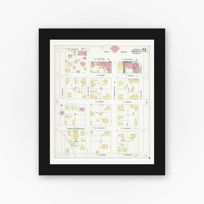 Old map wall art mockup — black gallery frame with white mat — Sanborn Fire Insurance Map from Marshall, Harrison County, Texas (1909), Sheet #0014