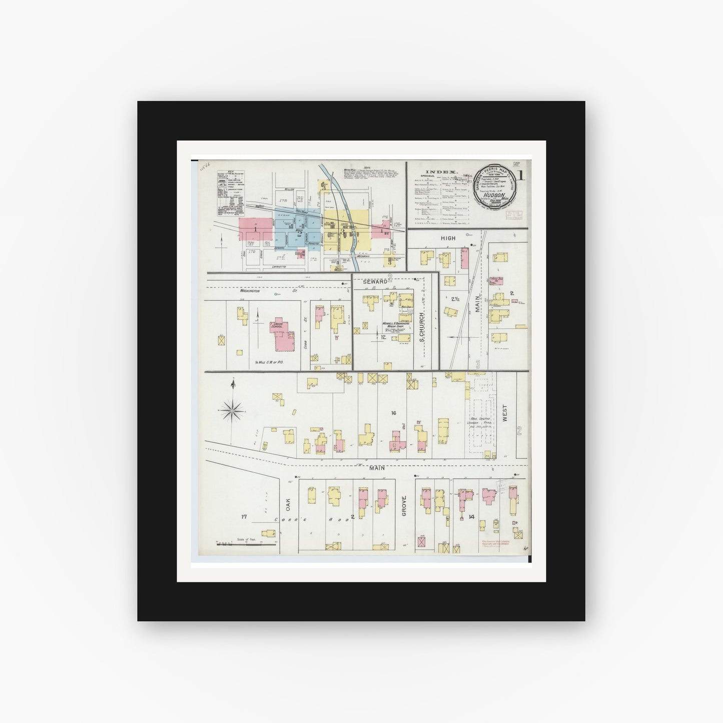 Old map wall art mockup — black gallery frame with white mat — Sanborn Fire Insurance Map from Hudson, Lenawee County, Michigan (1893) - Complete Map Set