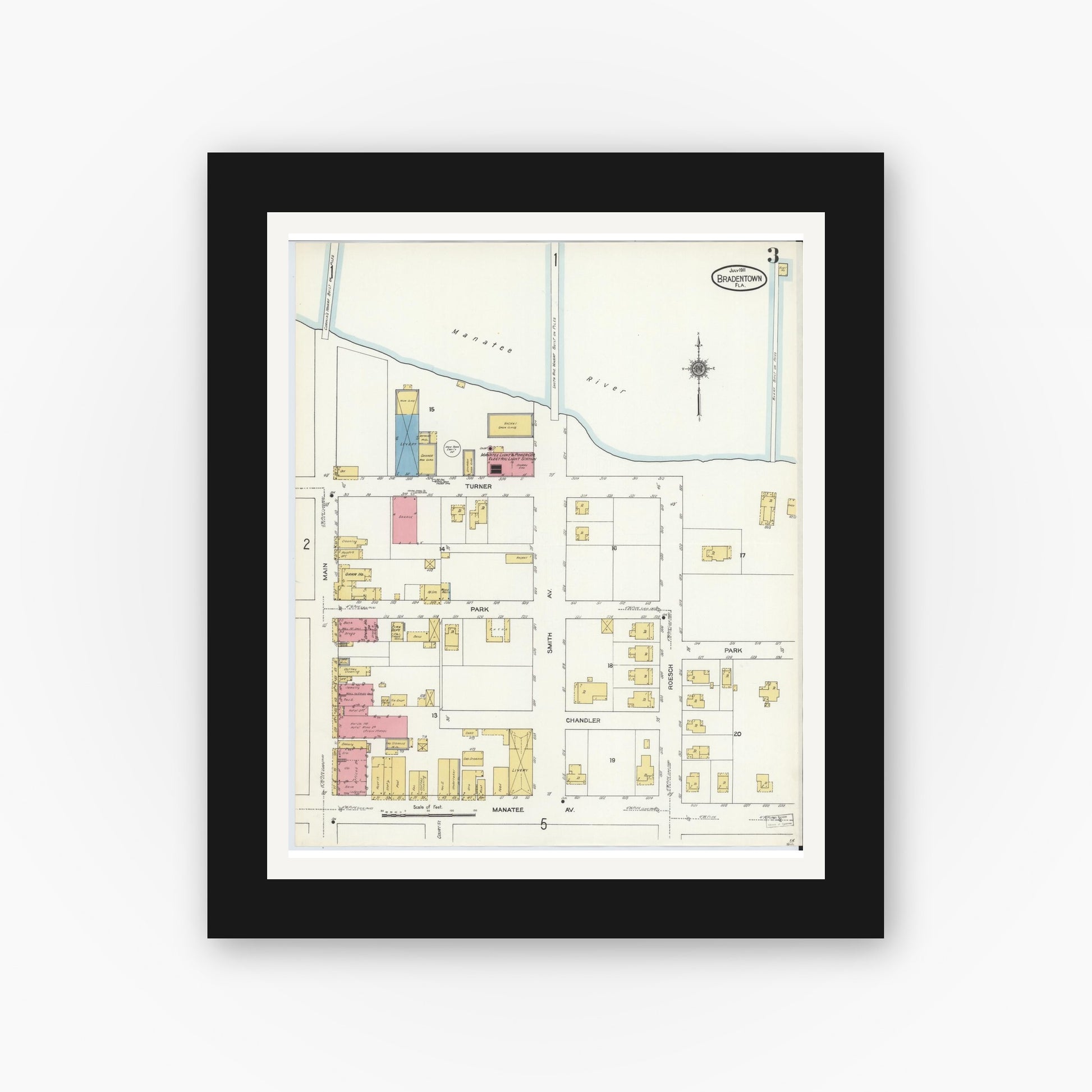 Old map wall art mockup — black gallery frame with white mat — Sanborn Fire Insurance Map from Bradentown, Manatee County, Florida (1911), Sheet #0003