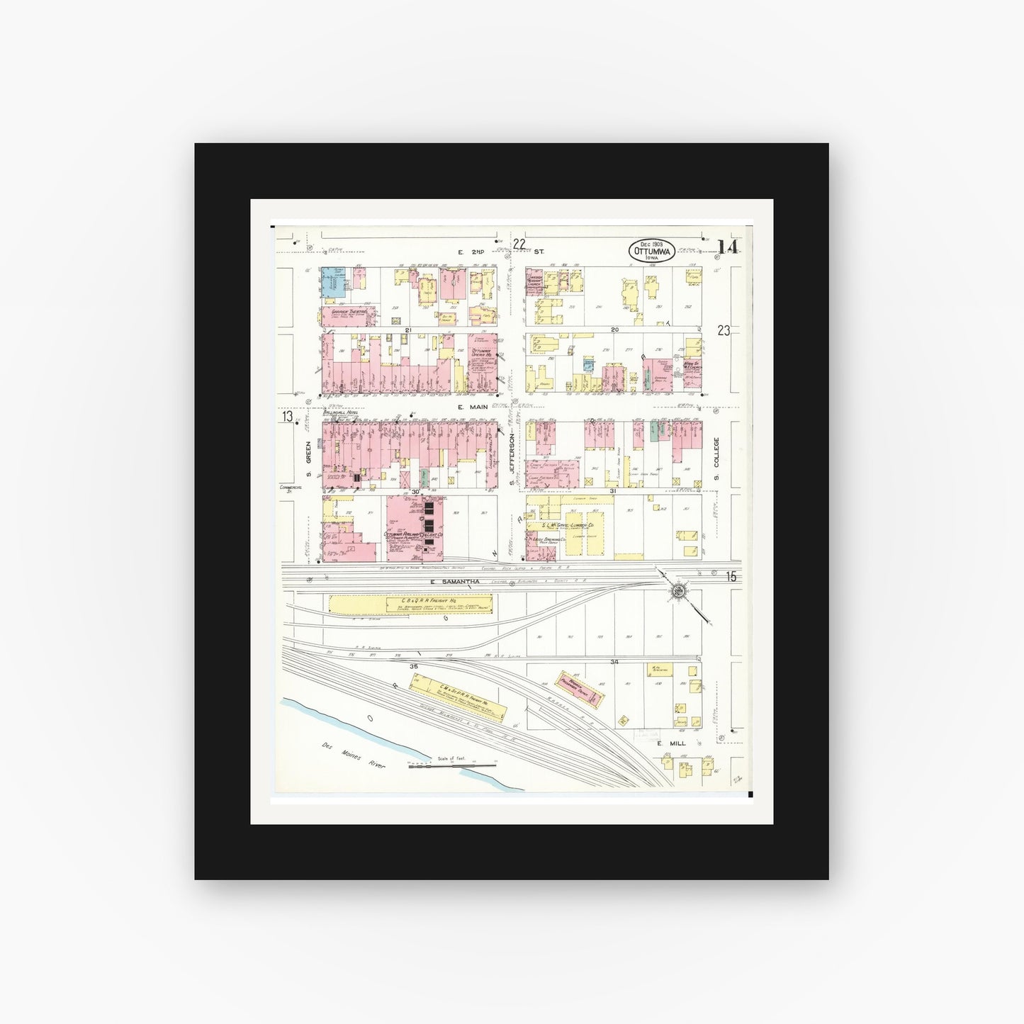 Old map wall art mockup — black gallery frame with white mat — Sanborn Fire Insurance Map from Ottumwa, Wapello County, Iowa (1909), Sheet #0014