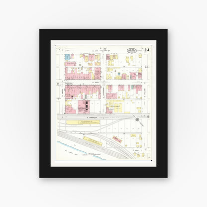 Old map wall art mockup — black gallery frame with white mat — Sanborn Fire Insurance Map from Ottumwa, Wapello County, Iowa (1909), Sheet #0014