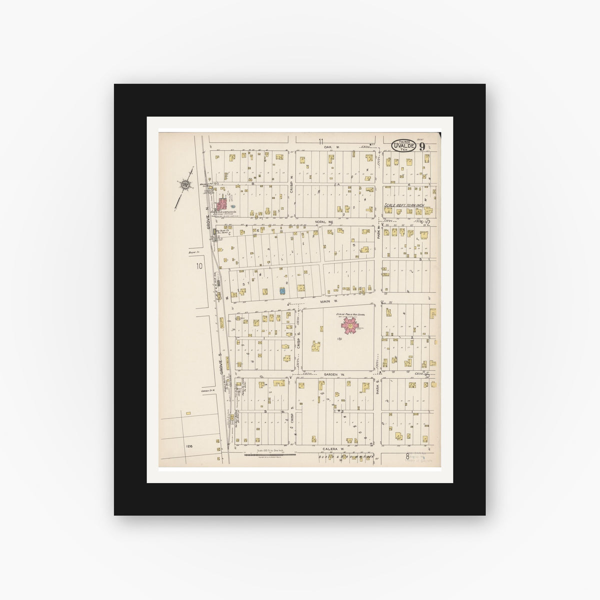 Old map wall art mockup — black gallery frame with white mat — Sanborn Fire Insurance Map from Uvalde, Uvalde County, Texas (1922), Sheet #0009