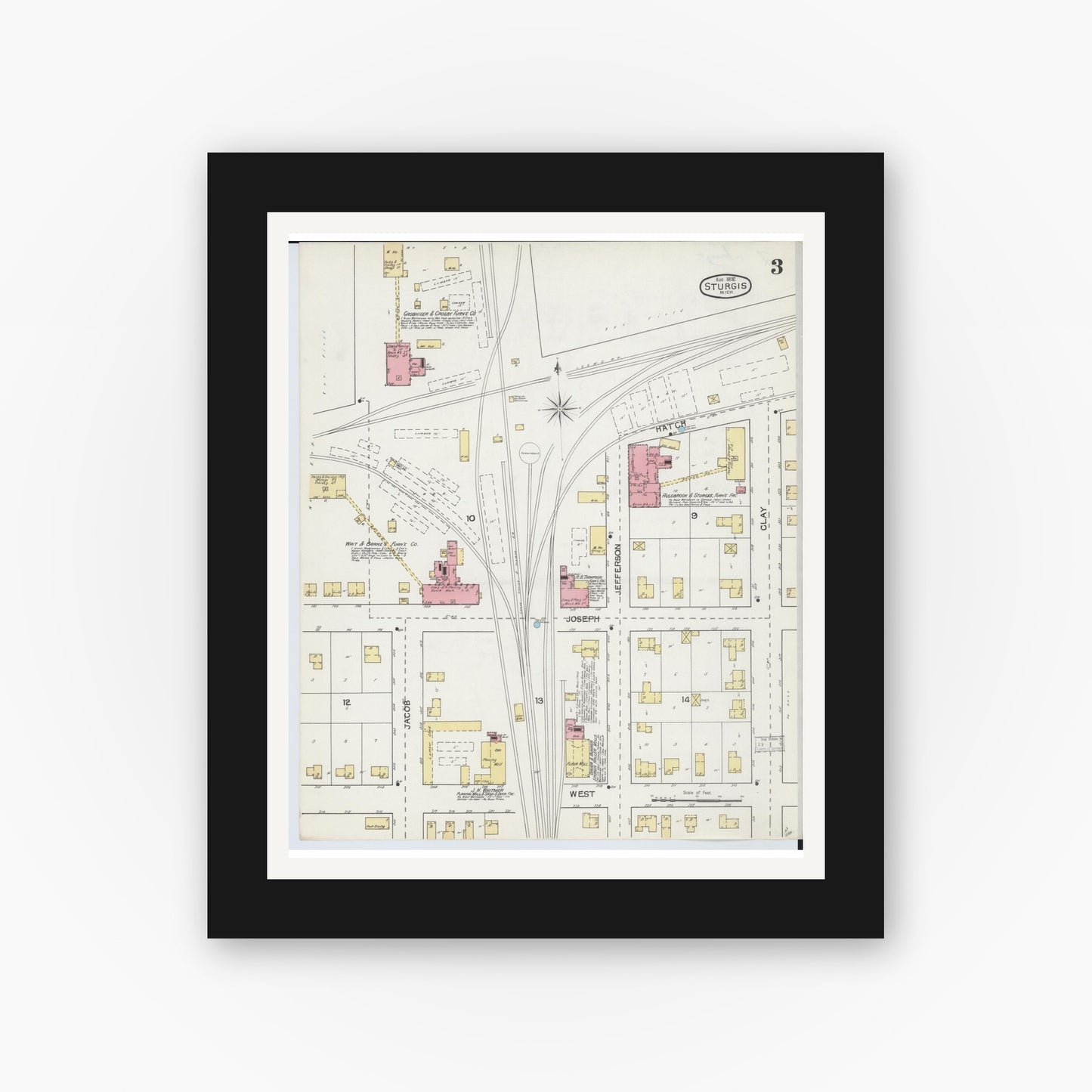 Old map wall art mockup — black gallery frame with white mat — Sanborn Fire Insurance Map from Sturgis, Saint Joseph County, Michigan (1892), Sheet #0003