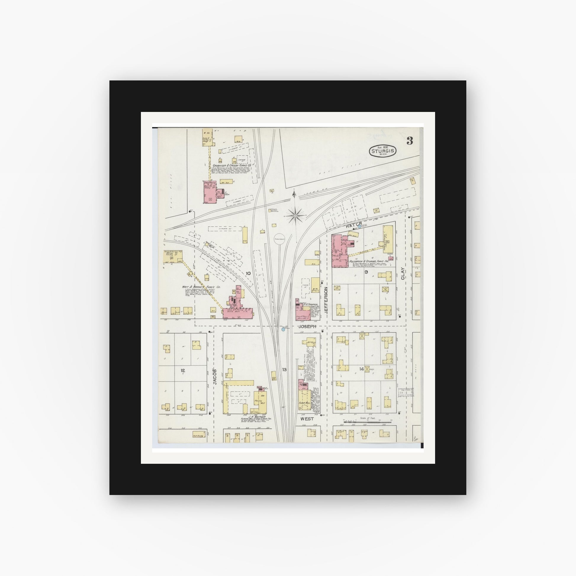 Old map wall art mockup — black gallery frame with white mat — Sanborn Fire Insurance Map from Sturgis, Saint Joseph County, Michigan (1892), Sheet #0003