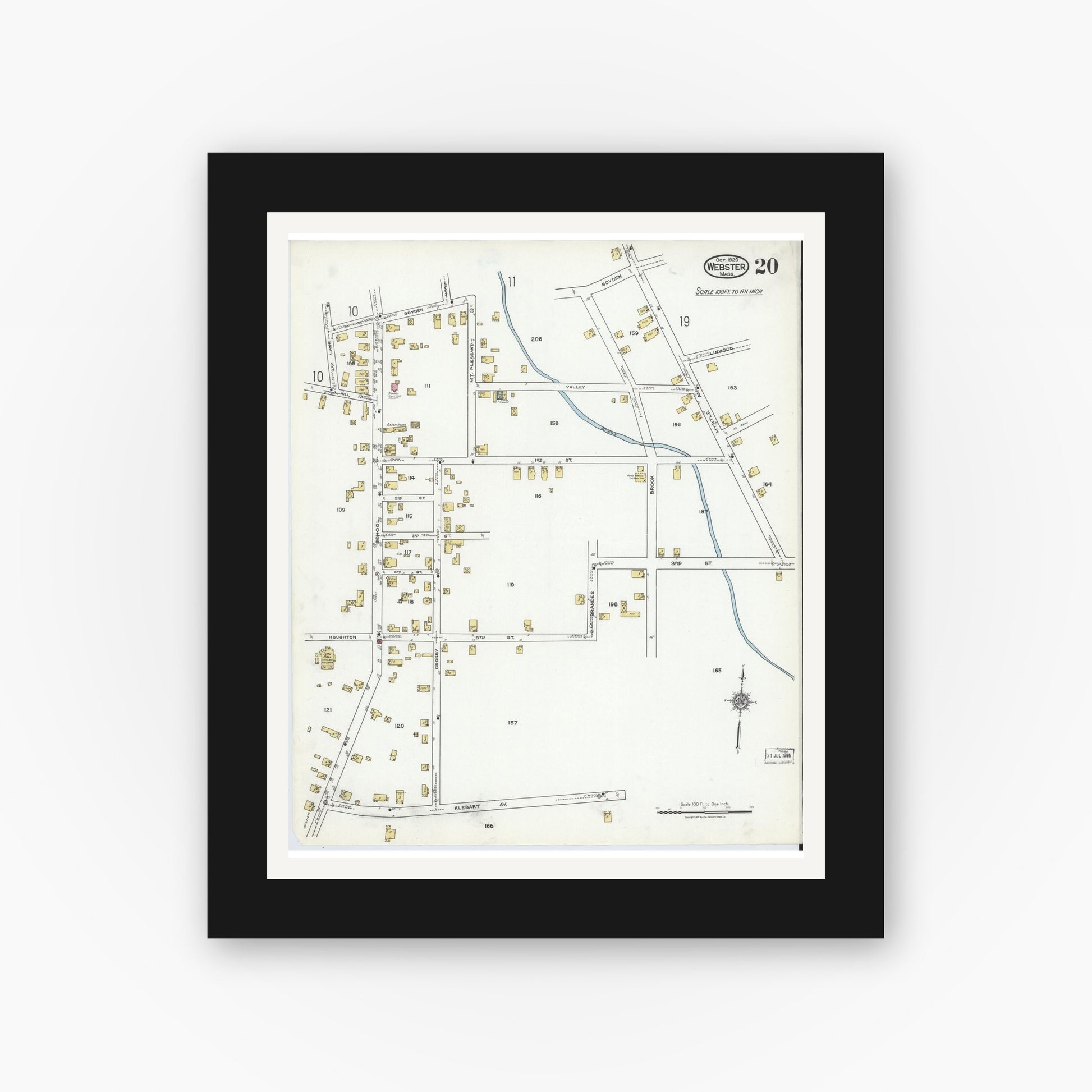 Old map wall art mockup — black gallery frame with white mat — Sanborn Fire Insurance Map from Webster, Worcester County, Massachusetts (1920), Sheet #0020