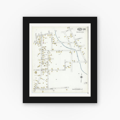 Old map wall art mockup — black gallery frame with white mat — Sanborn Fire Insurance Map from Webster, Worcester County, Massachusetts (1920), Sheet #0020