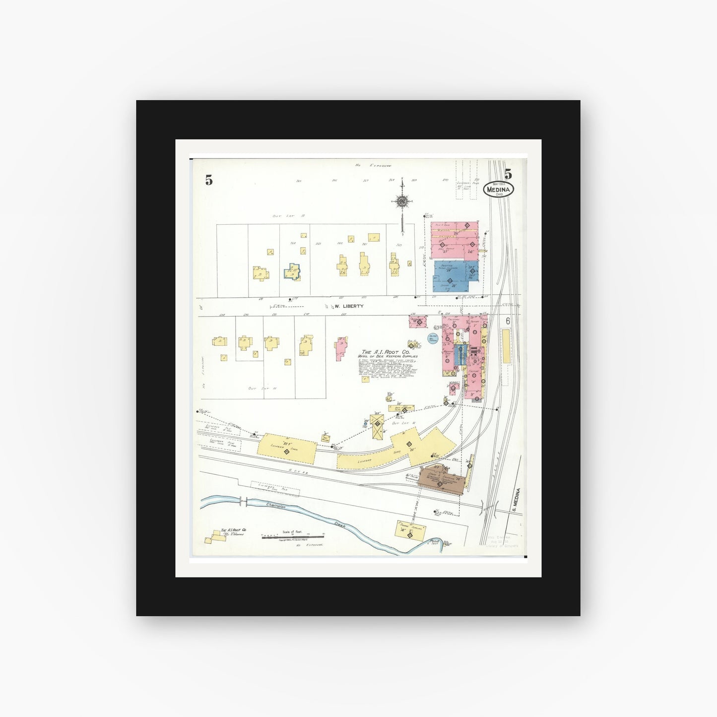 Old map wall art mockup — black gallery frame with white mat — Sanborn Fire Insurance Map from Medina, Medina County, Ohio (1923), Sheet #0005