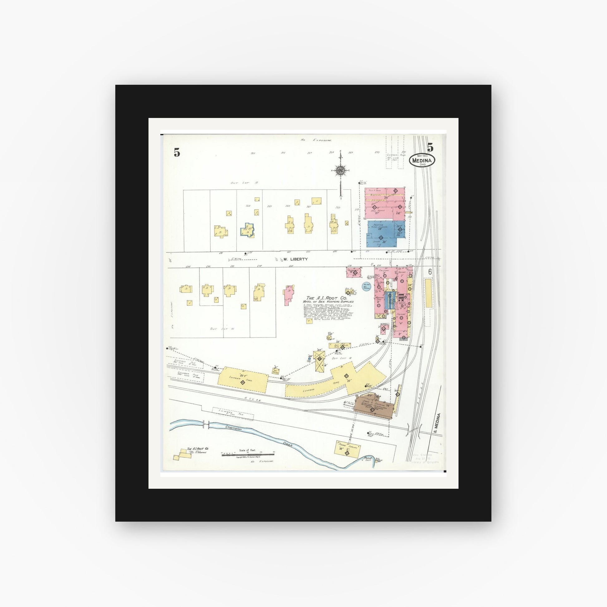 Old map wall art mockup — black gallery frame with white mat — Sanborn Fire Insurance Map from Medina, Medina County, Ohio (1923), Sheet #0005