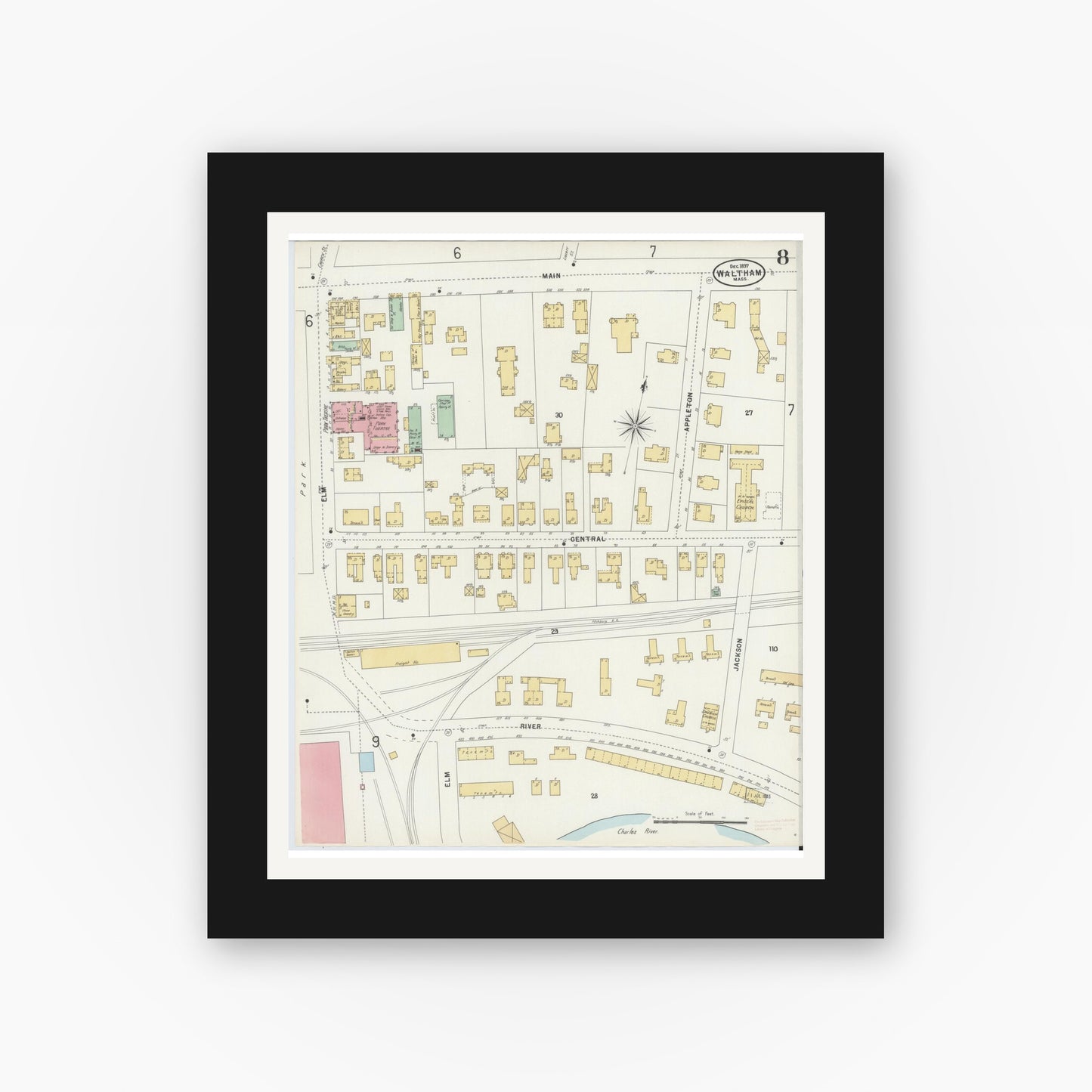 Old map wall art mockup — black gallery frame with white mat — Sanborn Fire Insurance Map from Waltham, Middlesex County, Massachusetts (1897), Sheet #0008