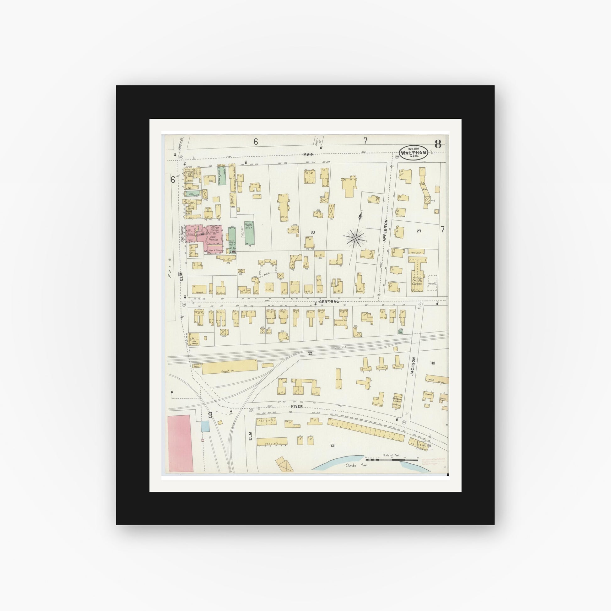 Old map wall art mockup — black gallery frame with white mat — Sanborn Fire Insurance Map from Waltham, Middlesex County, Massachusetts (1897), Sheet #0008