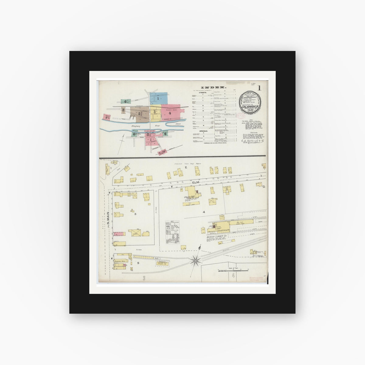 Old map wall art mockup — black gallery frame with white mat — Sanborn Fire Insurance Map from Salamanca, Cattaraugus County, New York (1893) - Complete Map Set