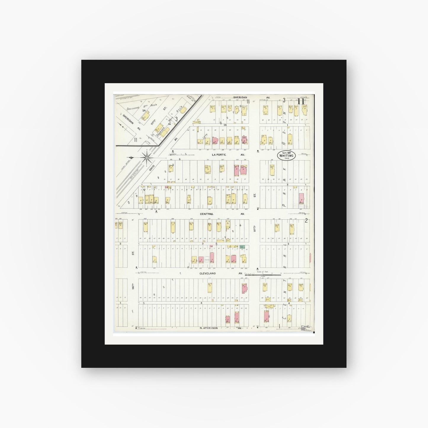 Old map wall art mockup — black gallery frame with white mat — Sanborn Fire Insurance Map from Whiting, Lake County, Indiana (1907), Sheet #0011