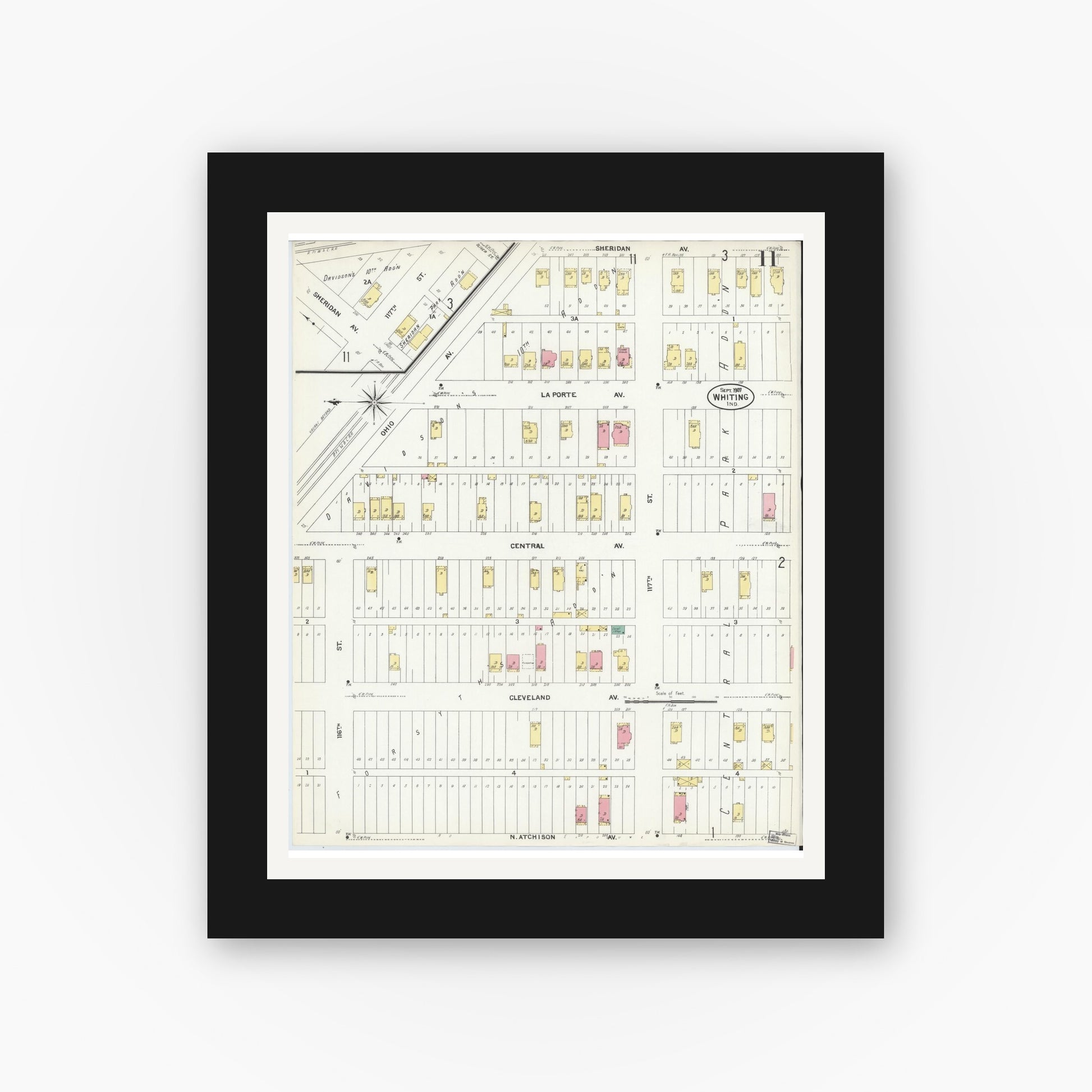 Old map wall art mockup — black gallery frame with white mat — Sanborn Fire Insurance Map from Whiting, Lake County, Indiana (1907), Sheet #0011
