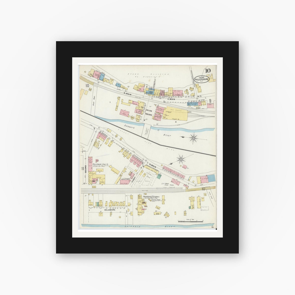 Old map wall art mockup — black gallery frame with white mat — Sanborn Fire Insurance Map from Phillipsburg, Warren County, New Jersey (1897), Sheet #0010