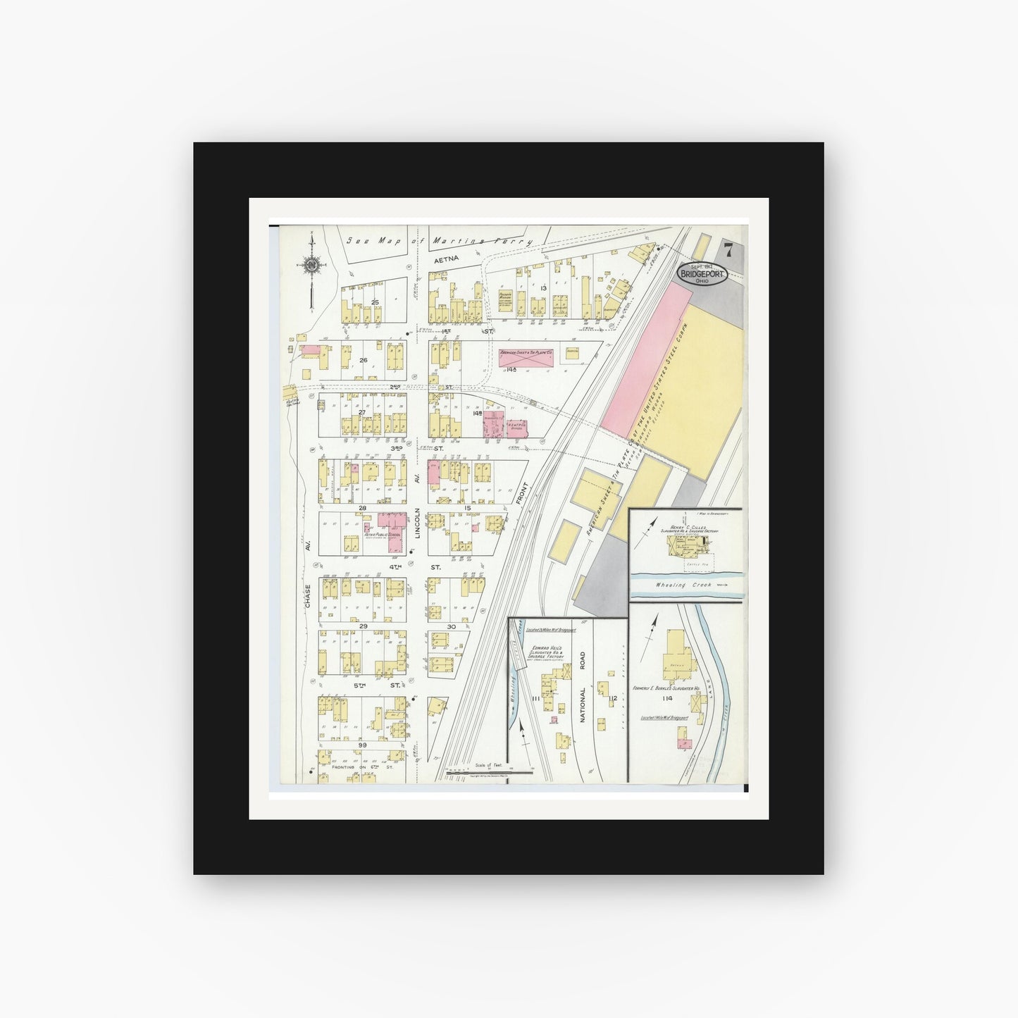 Old map wall art mockup — black gallery frame with white mat — Sanborn Fire Insurance Map from Bridgeport, Belmont County, Ohio (1917), Sheet #0007