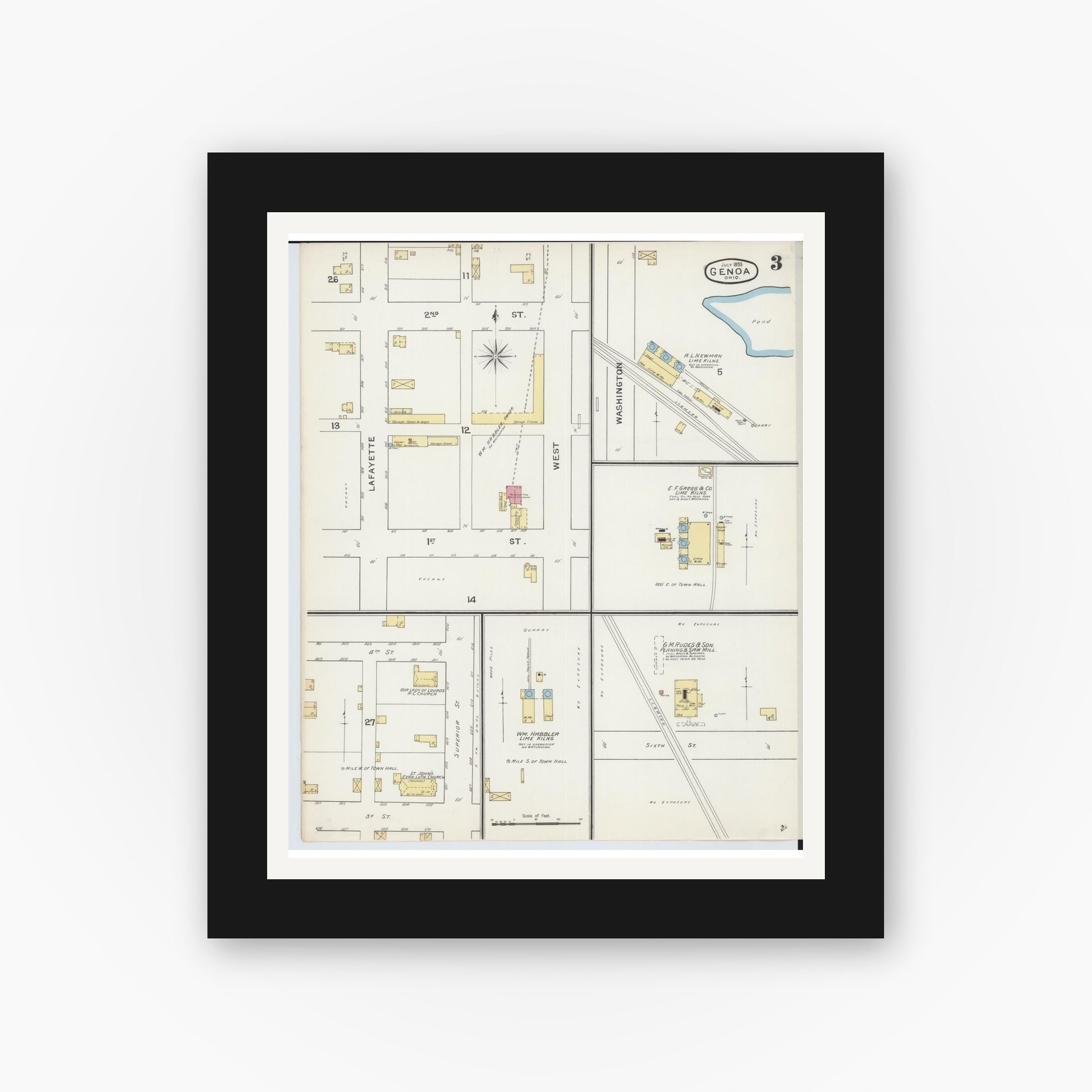 Old map wall art mockup — black gallery frame with white mat — Sanborn Fire Insurance Map from Genoa, Ottawa County, Ohio (1893), Sheet #0003