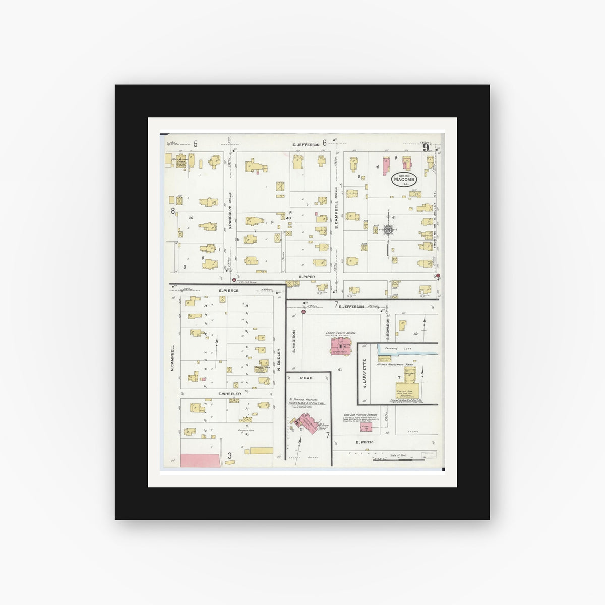 Old map wall art mockup — black gallery frame with white mat — Sanborn Fire Insurance Map from Macomb, Mcdonough County, Illinois (1910), Sheet #0009