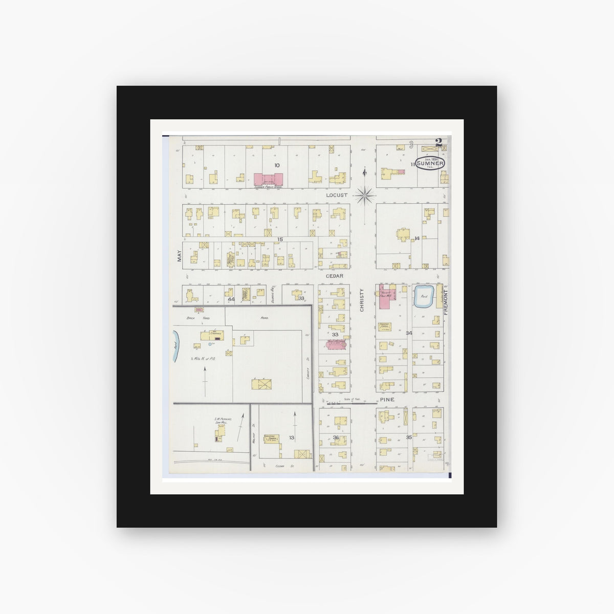 Old map wall art mockup — black gallery frame with white mat — Sanborn Fire Insurance Map from Sumner, Lawrence County, Illinois (1894), Sheet #0002