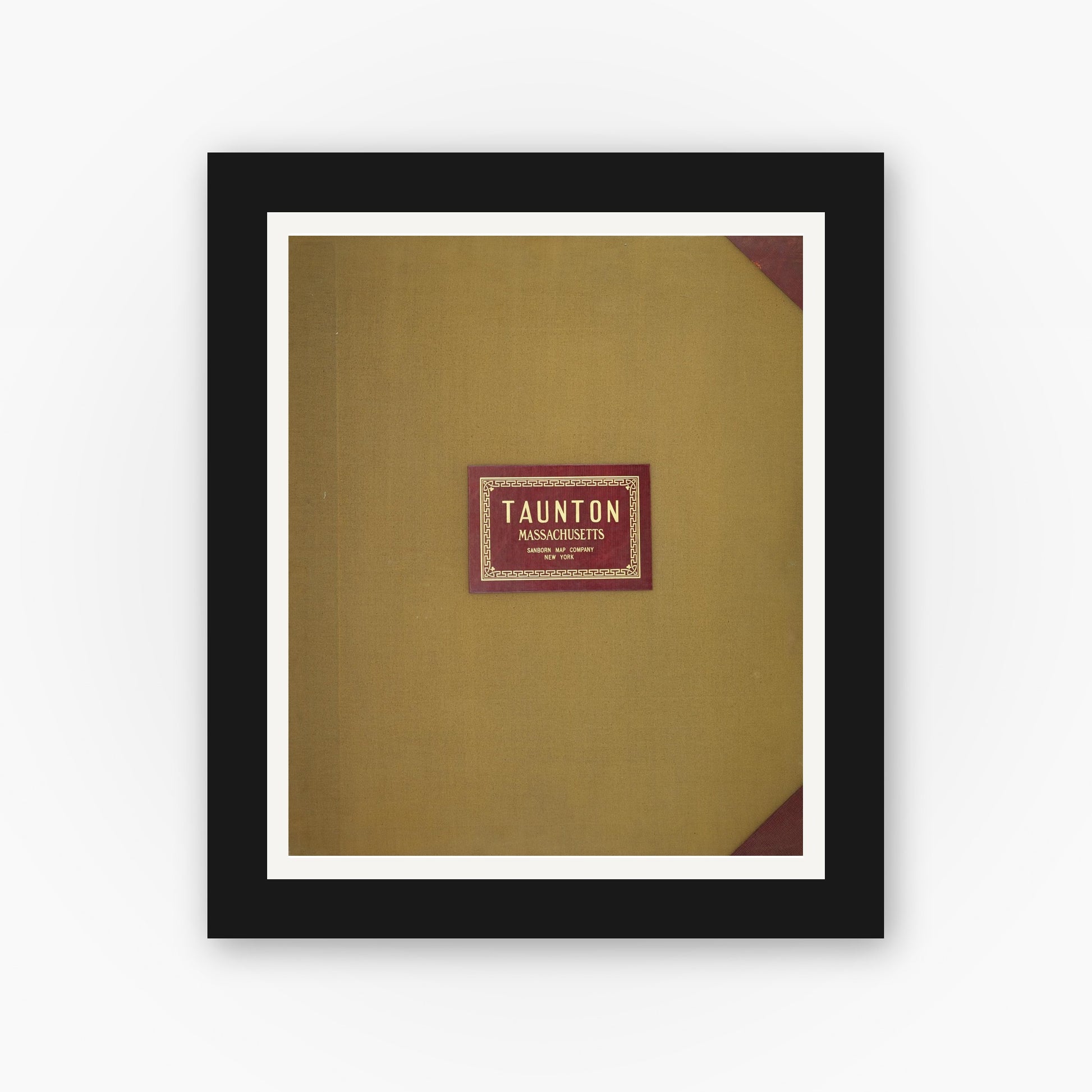 Old map wall art mockup — black gallery frame with white mat — Sanborn Fire Insurance Map from Taunton, Bristol County, Massachusetts (1950), Sheet #0001