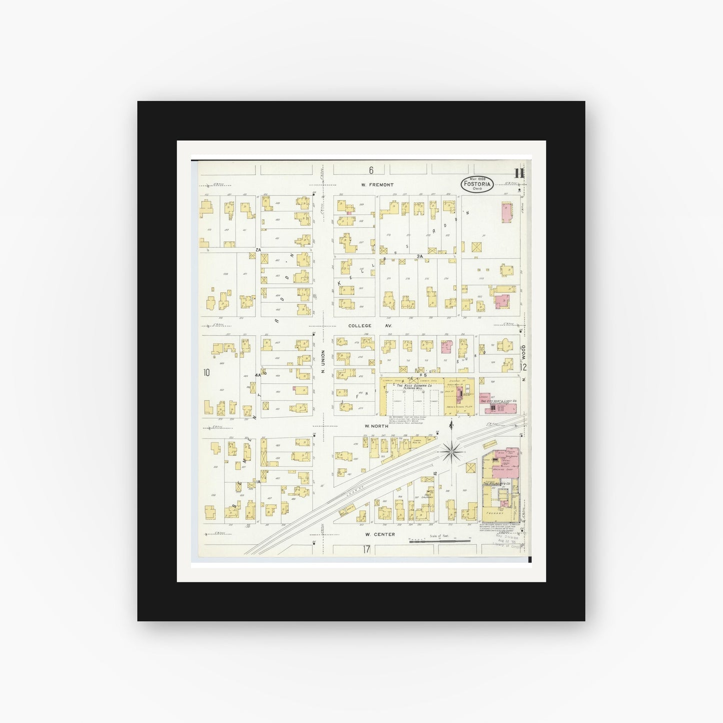 Old map wall art mockup — black gallery frame with white mat — Sanborn Fire Insurance Map from Fostoria, Seneca, Hancock, And Wood Counties, Ohio (1908), Sheet #0011