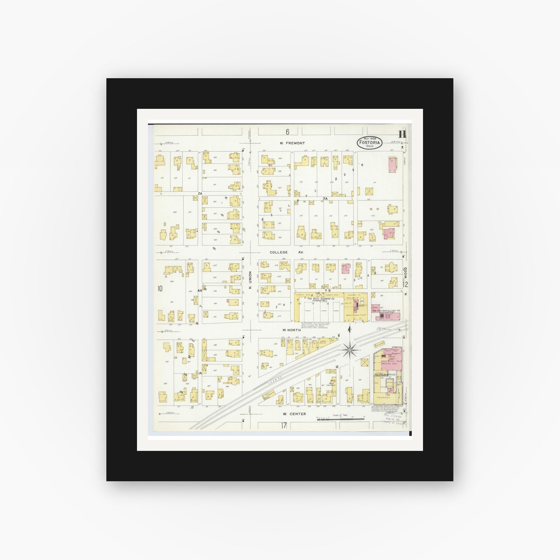 Old map wall art mockup — black gallery frame with white mat — Sanborn Fire Insurance Map from Fostoria, Seneca, Hancock, And Wood Counties, Ohio (1908), Sheet #0011