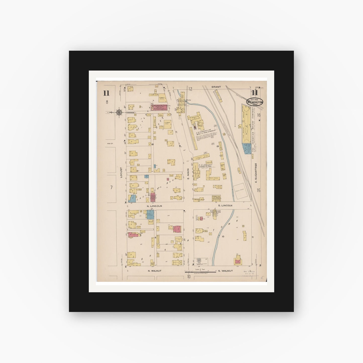 Old map wall art mockup — black gallery frame with white mat — Sanborn Fire Insurance Map from Wilmington, Clinton County, Ohio (1922), Sheet #0011