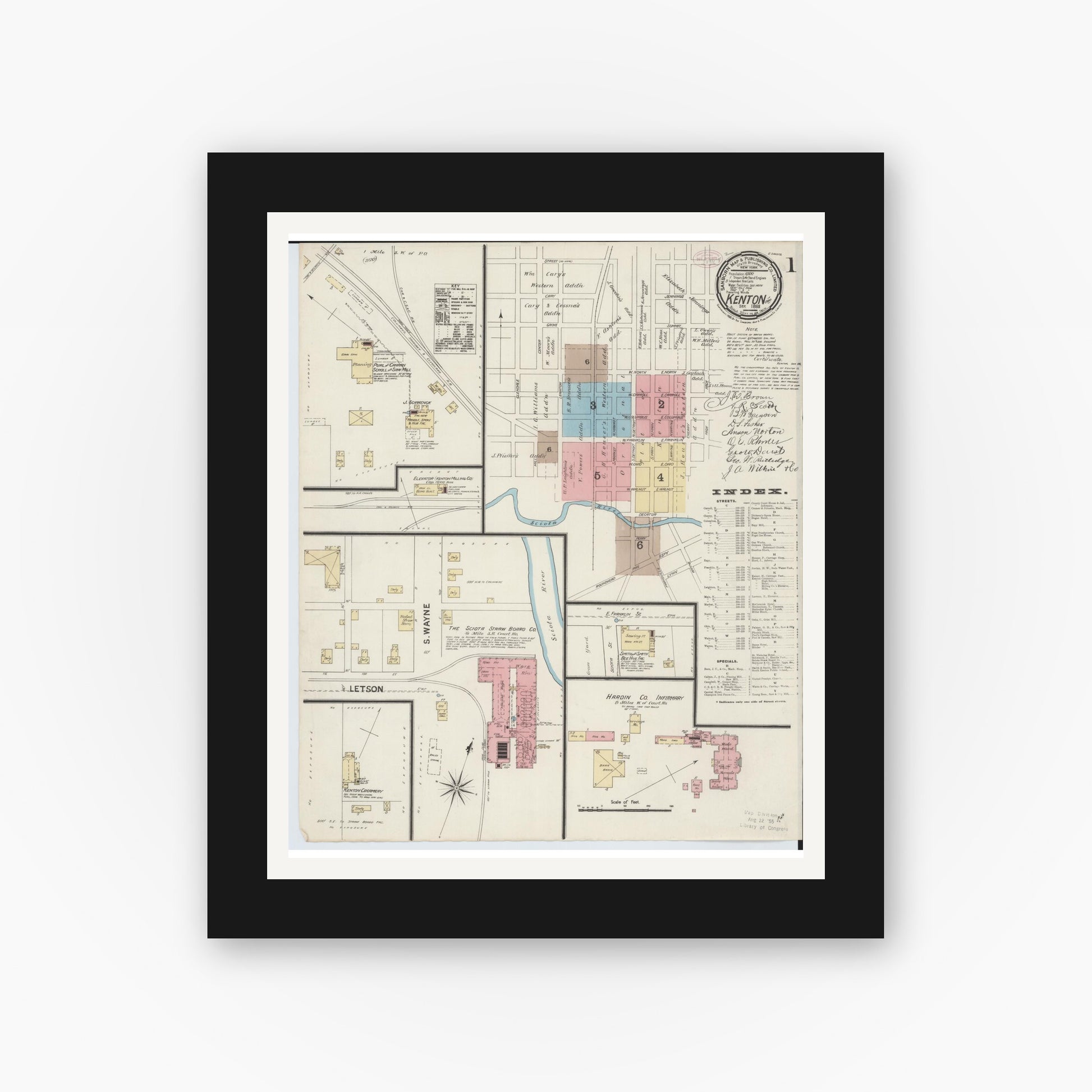 Old map wall art mockup — black gallery frame with white mat — Sanborn Fire Insurance Map from Kenton, Hardin County, Ohio (1888) - Complete Map Set