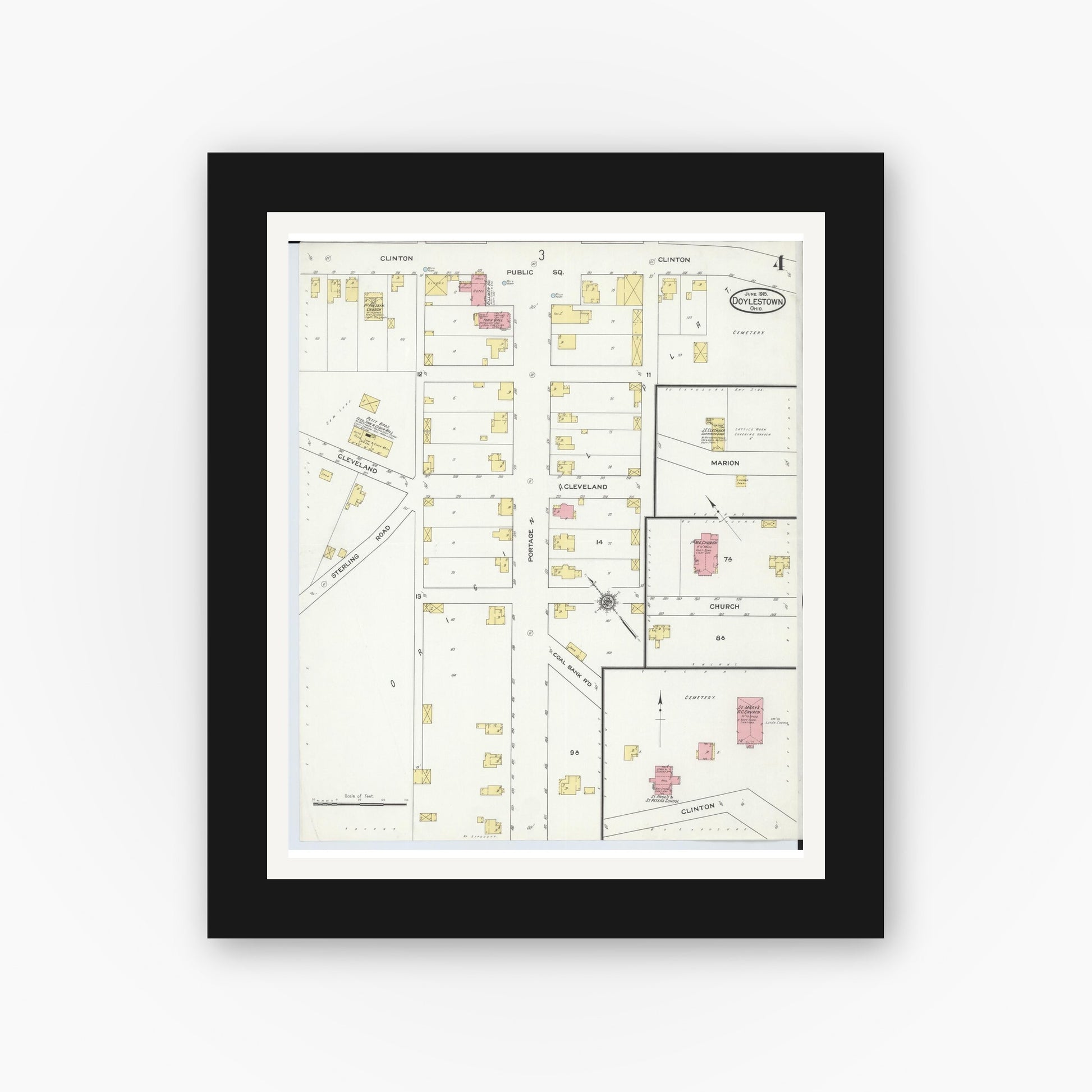 Old map wall art mockup — black gallery frame with white mat — Sanborn Fire Insurance Map from Doylestown, Wayne County, Ohio (1915), Sheet #0004
