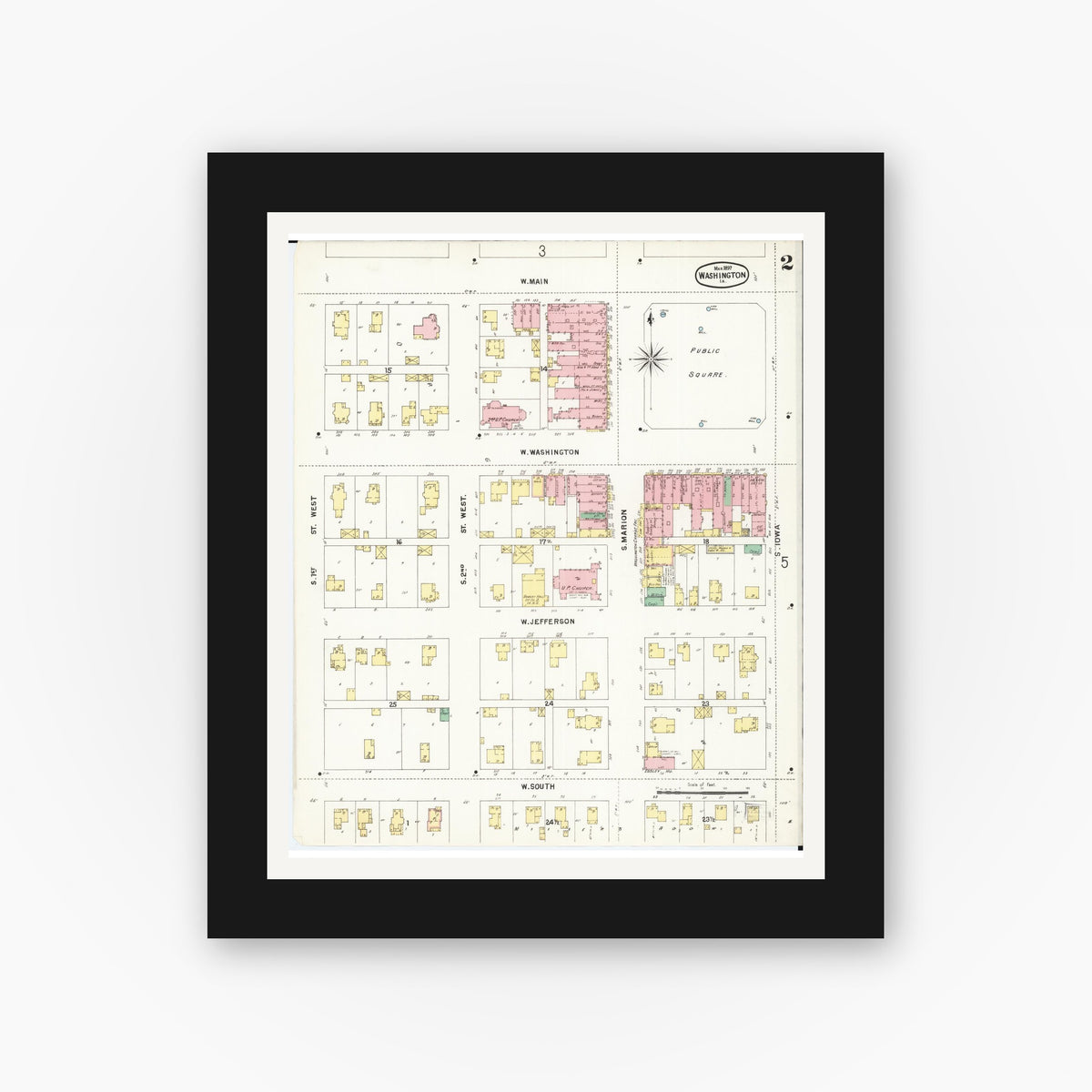 Old map wall art mockup — black gallery frame with white mat — Sanborn Fire Insurance Map from Washington, Washington County, Iowa (1897), Sheet #0002