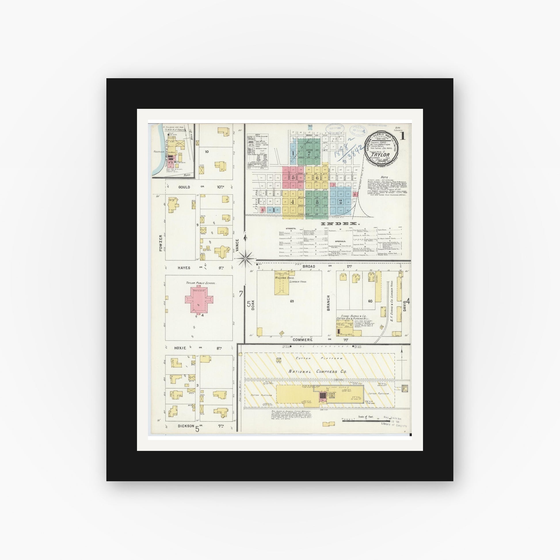 Old map wall art mockup — black gallery frame with white mat — Sanborn Fire Insurance Map from Taylor, Williamson County, Texas (1898), Sheet #0001