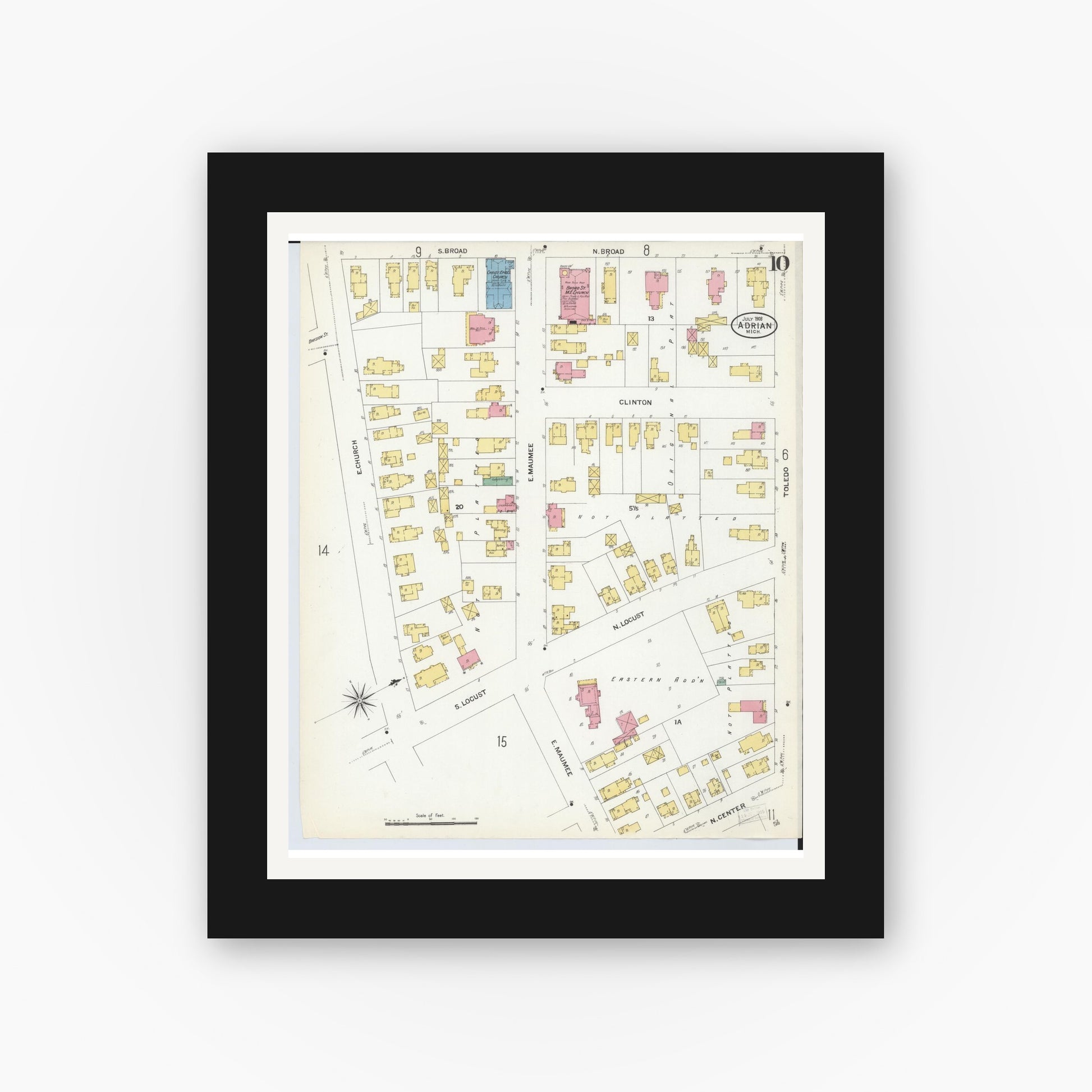 Old map wall art mockup — black gallery frame with white mat — Sanborn Fire Insurance Map from Adrian, Lenawee County, Michigan (1908), Sheet #0010