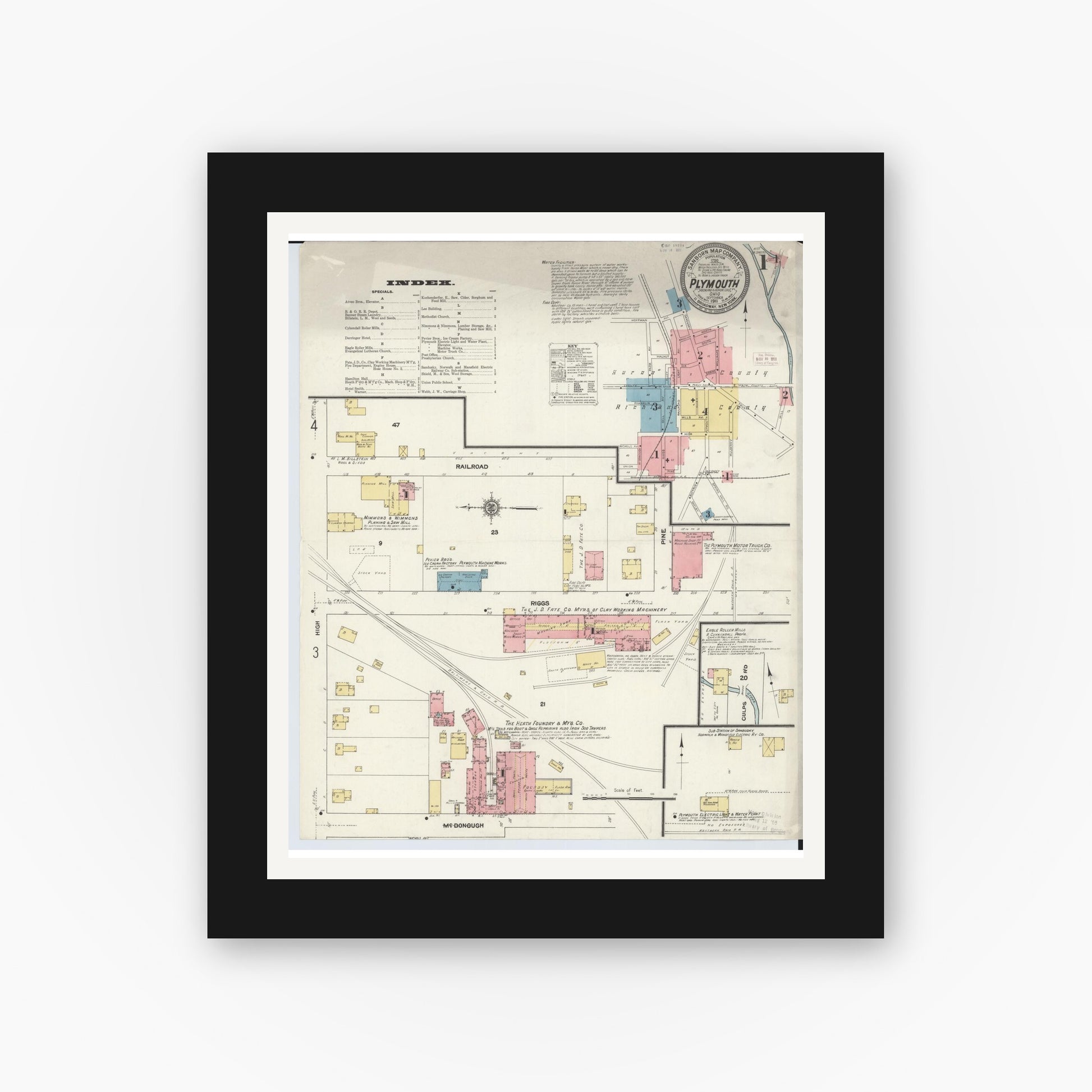Old map wall art mockup — black gallery frame with white mat — Sanborn Fire Insurance Map from Plymouth, Huron And Richland Counties, Ohio (1911), Sheet #0001