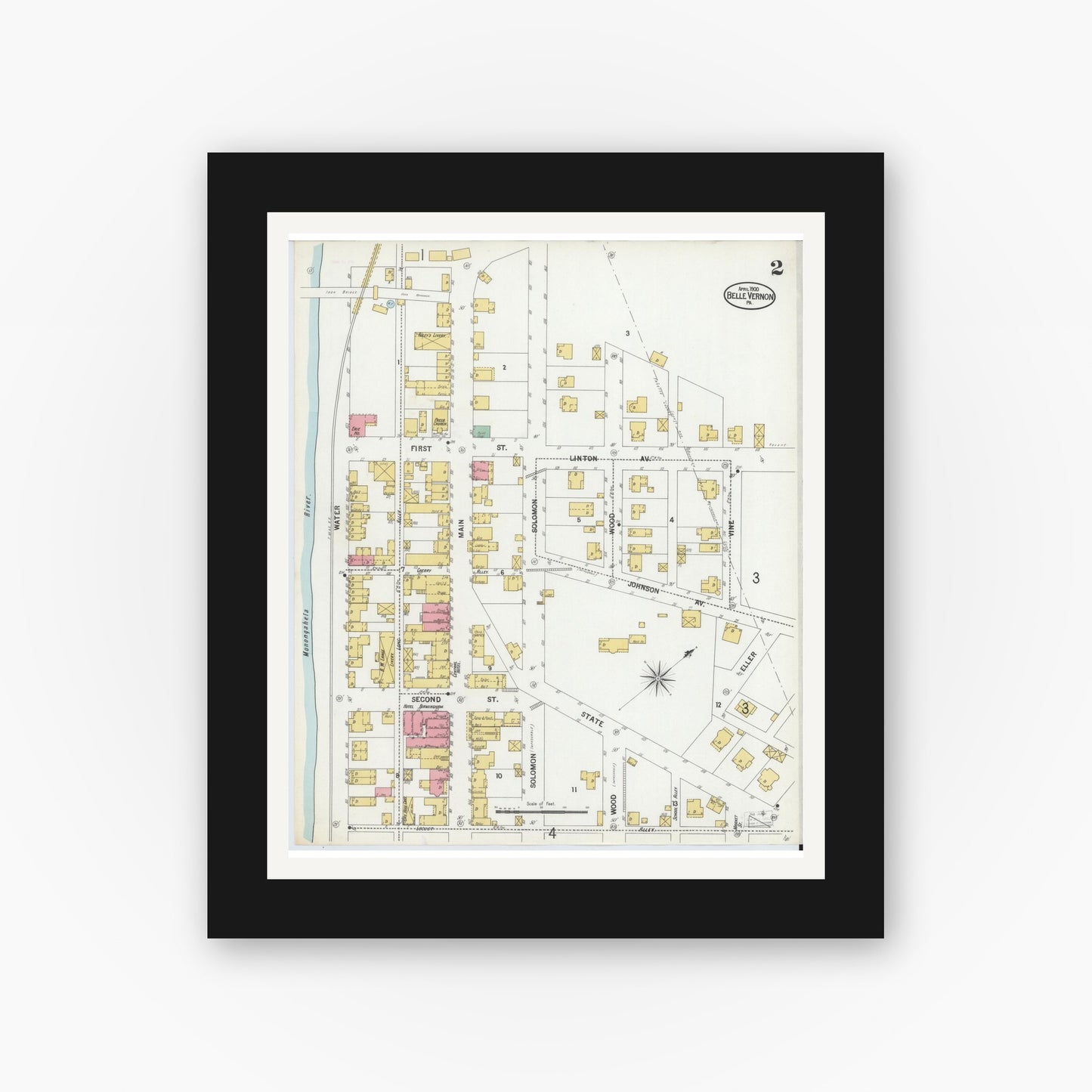Old map wall art mockup — black gallery frame with white mat — Sanborn Fire Insurance Map from Belle Vernon, Fayette County, Pennsylvania (1900), Sheet #0002