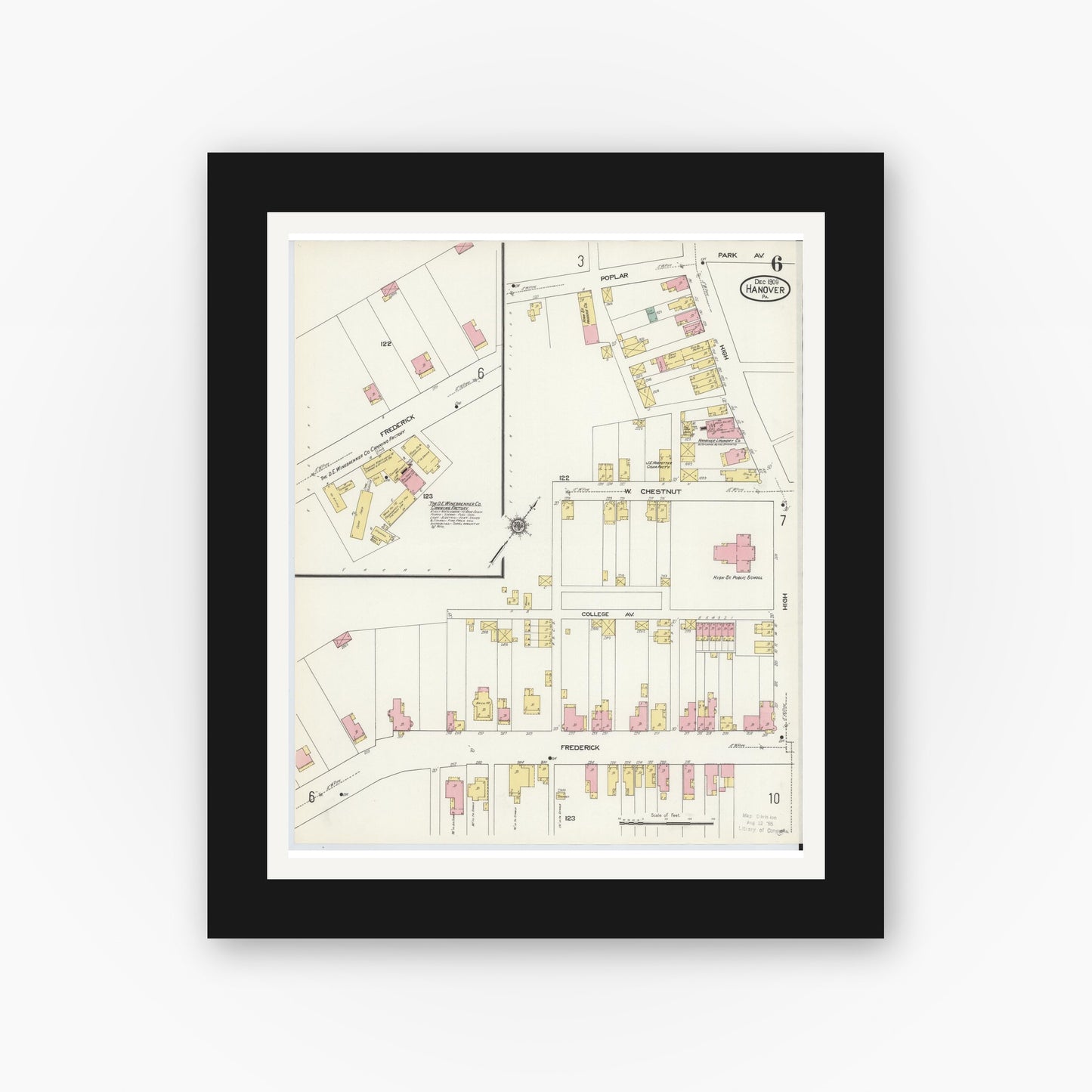 Old map wall art mockup — black gallery frame with white mat — Sanborn Fire Insurance Map from Hanover, York County, Pennsylvania (1909), Sheet #0006