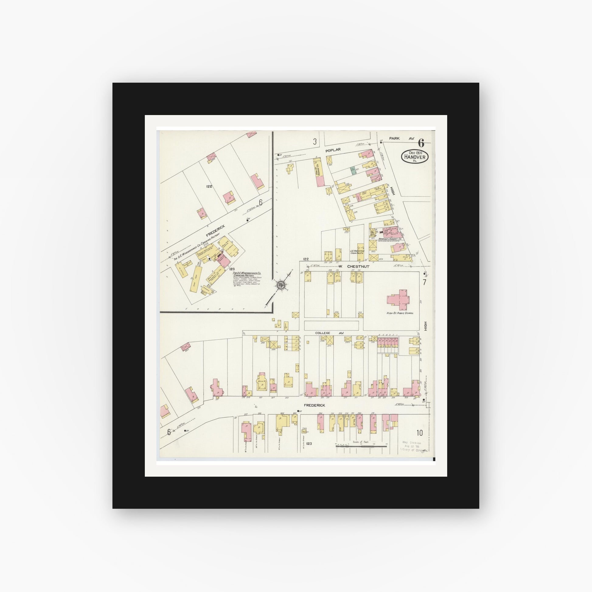 Old map wall art mockup — black gallery frame with white mat — Sanborn Fire Insurance Map from Hanover, York County, Pennsylvania (1909), Sheet #0006