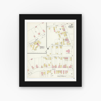 Old map wall art mockup — black gallery frame with white mat — Sanborn Fire Insurance Map from Hanover, York County, Pennsylvania (1909), Sheet #0006