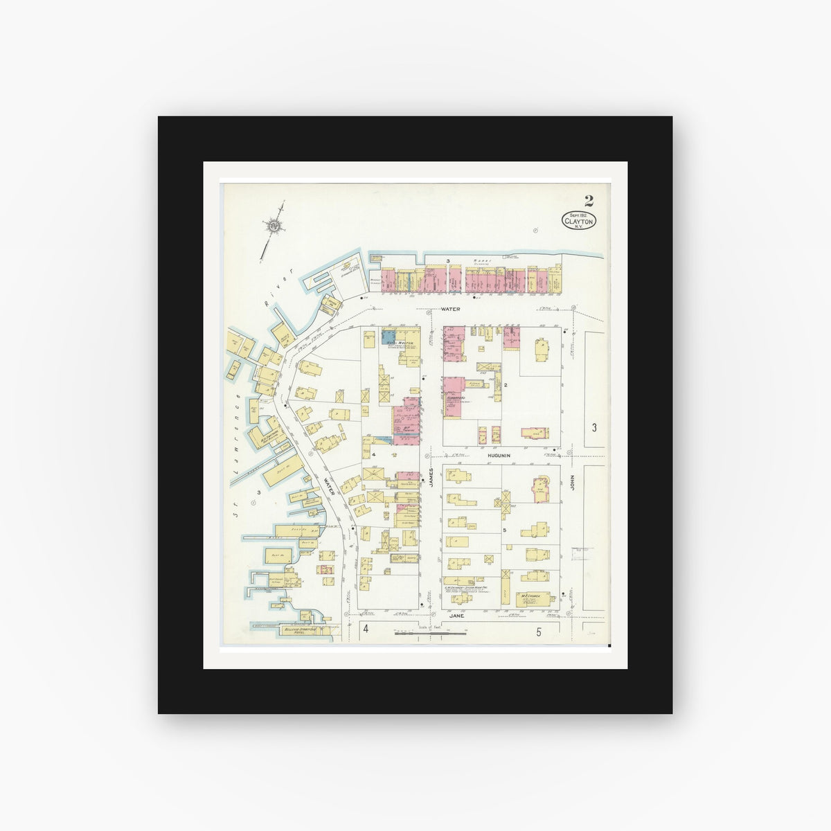 Old map wall art mockup — black gallery frame with white mat — Sanborn Fire Insurance Map from Clayton, Jefferson County, New York (1912) - Complete Map Set