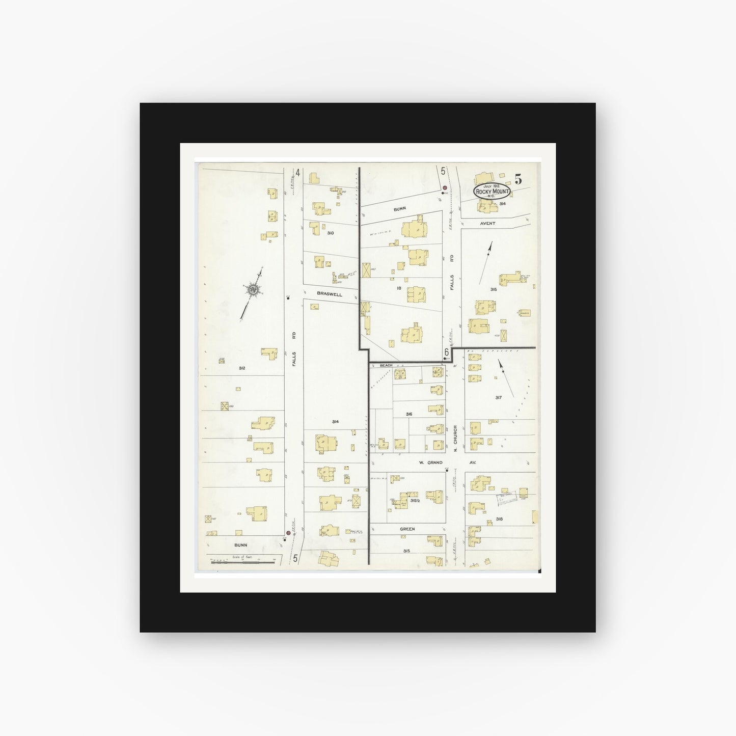 Old map wall art mockup — black gallery frame with white mat — Sanborn Fire Insurance Map from Rocky Mount, Edgecombe And Nash Counties, North Carolina (1912), Sheet #0005