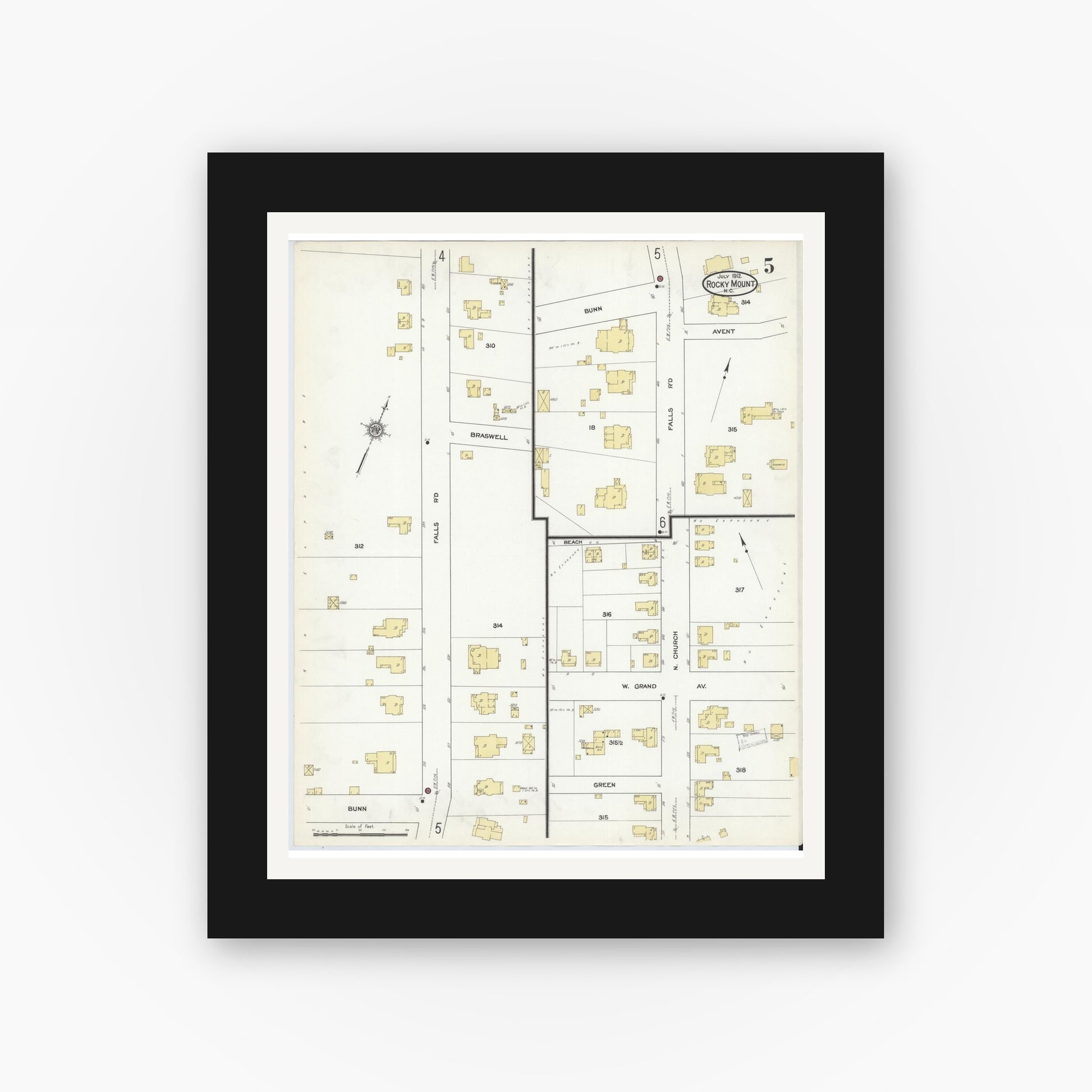 Old map wall art mockup — black gallery frame with white mat — Sanborn Fire Insurance Map from Rocky Mount, Edgecombe And Nash Counties, North Carolina (1912), Sheet #0005