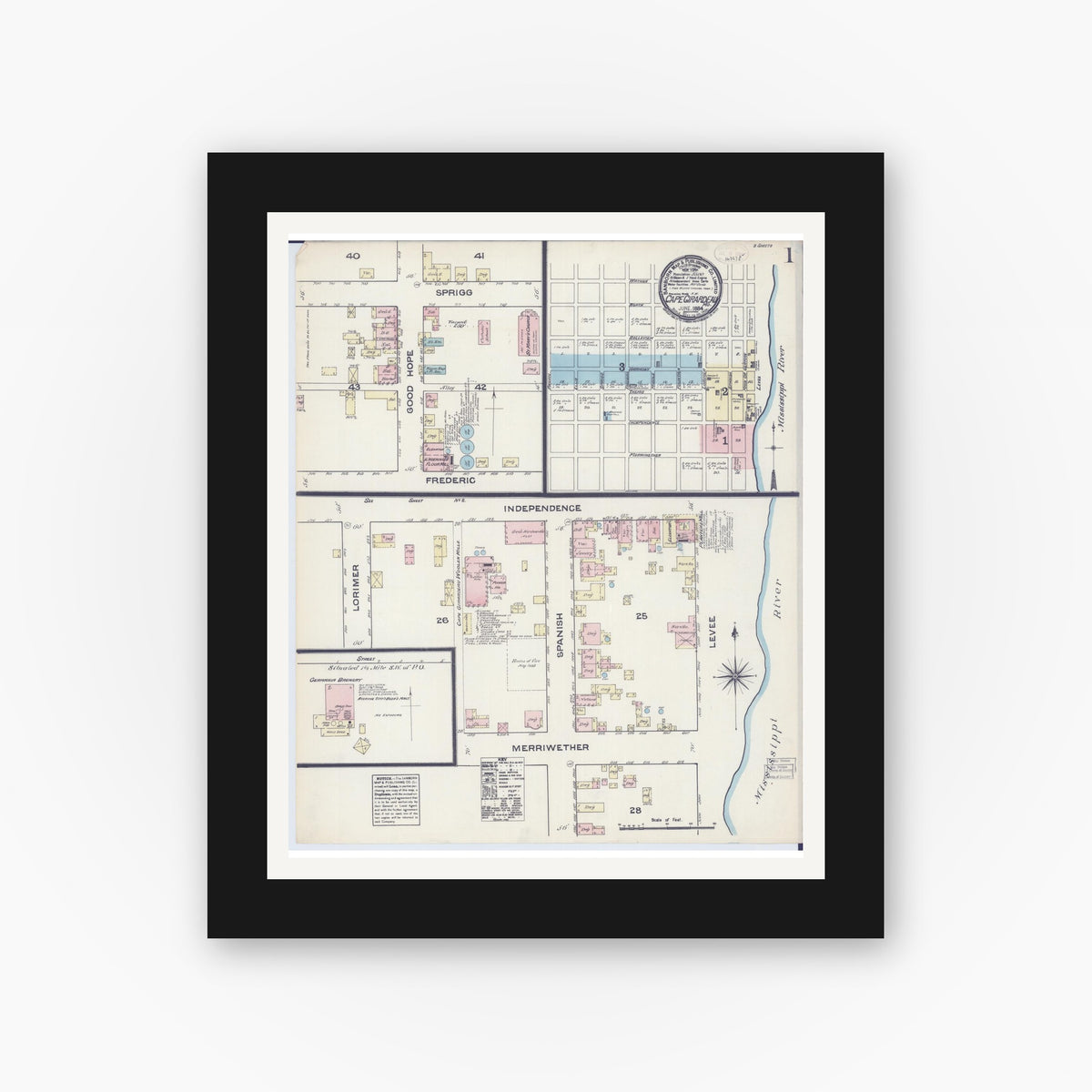Old map wall art mockup — black gallery frame with white mat — Sanborn Fire Insurance Map from Cape Girardeau, Cape Girardeau County, Missouri (1884) - Complete Map Set
